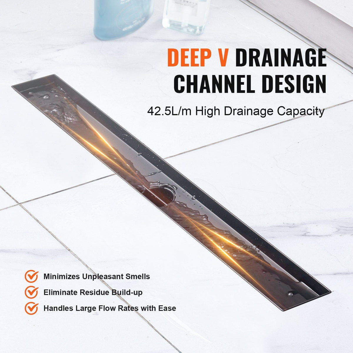 24-Inch Linear Shower Drain with Square Pattern Grate,Brushed 304 Stainless Steel Rectangle Shower Floor Drain, Sleek Linear Drain with Hair Strainer, Matte Black