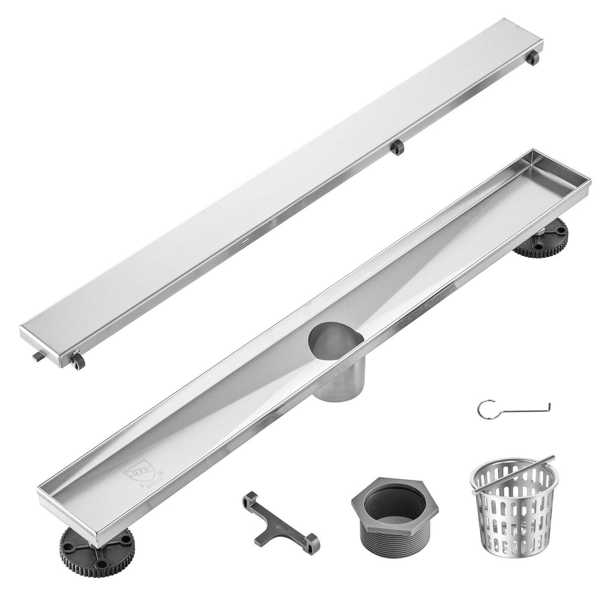 24Inch Linear Shower Drain Offset with Tile Insert Cover,Brushed 304 Stainless Steel Rectangle Shower Floor Drain,Linear Drain with Leveling Feet,Hair Strainer Silver