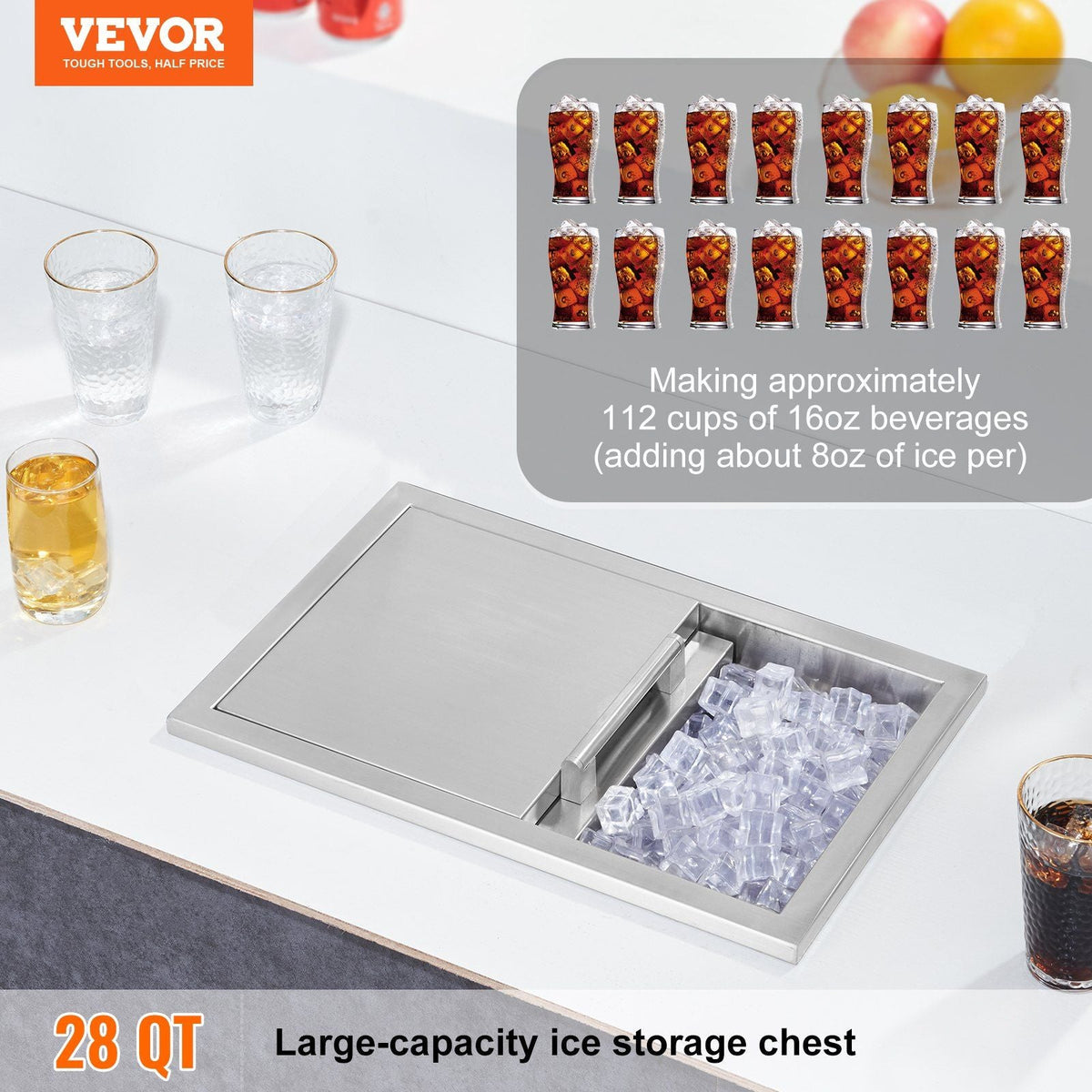 28.5Quart Drop in Ice Chest Ice Cooler Ice Bin Stainless Steel 18"x12"x15"