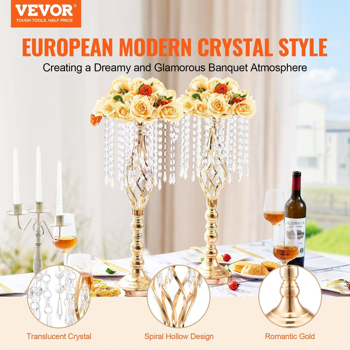 2PCS 55cm/21.65' Tall Crystal Wedding Flower Stand Vase for Party Decor