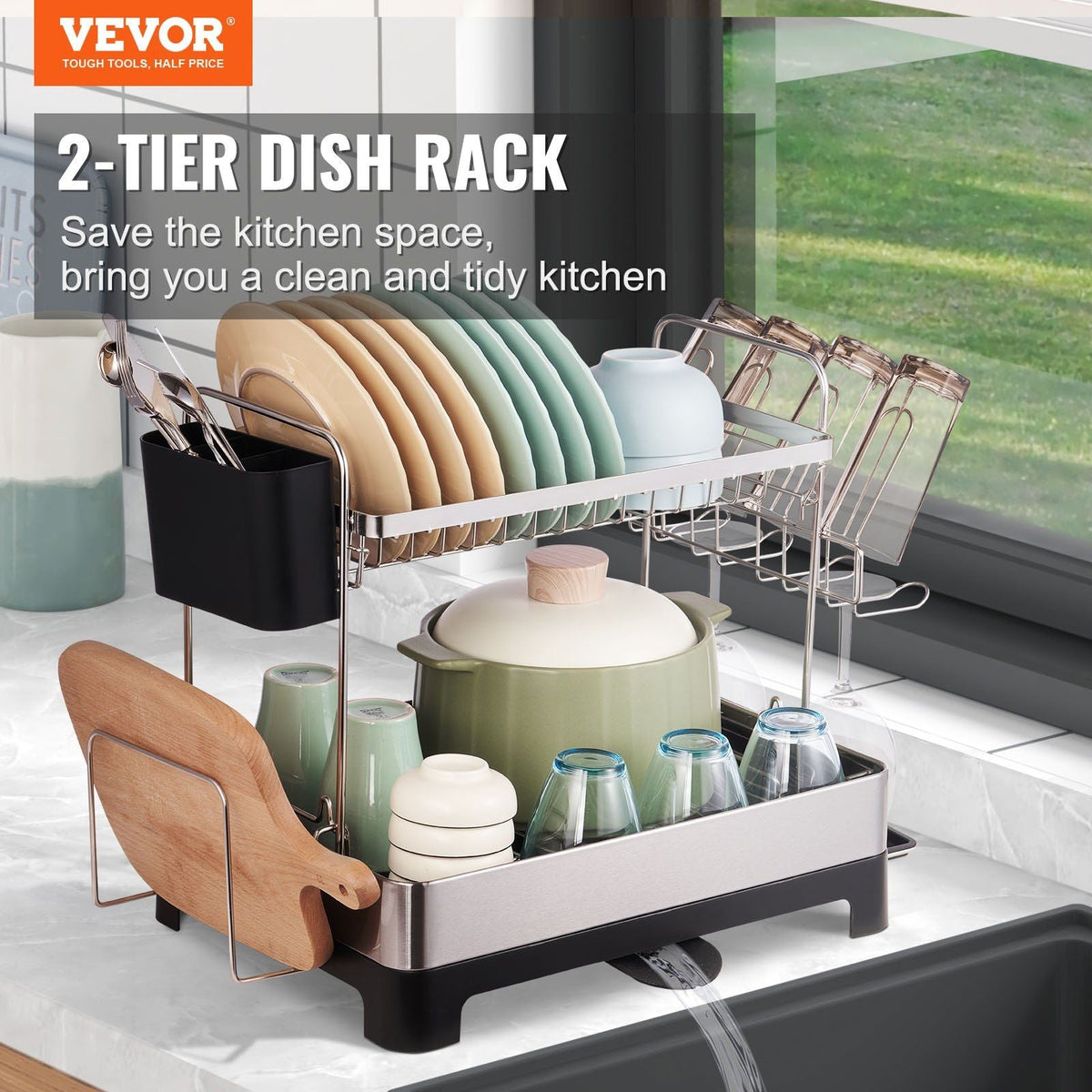 2Tier Dish Drying Rack Dish Drainer Stainless Steel Kitchen Utensil Holder