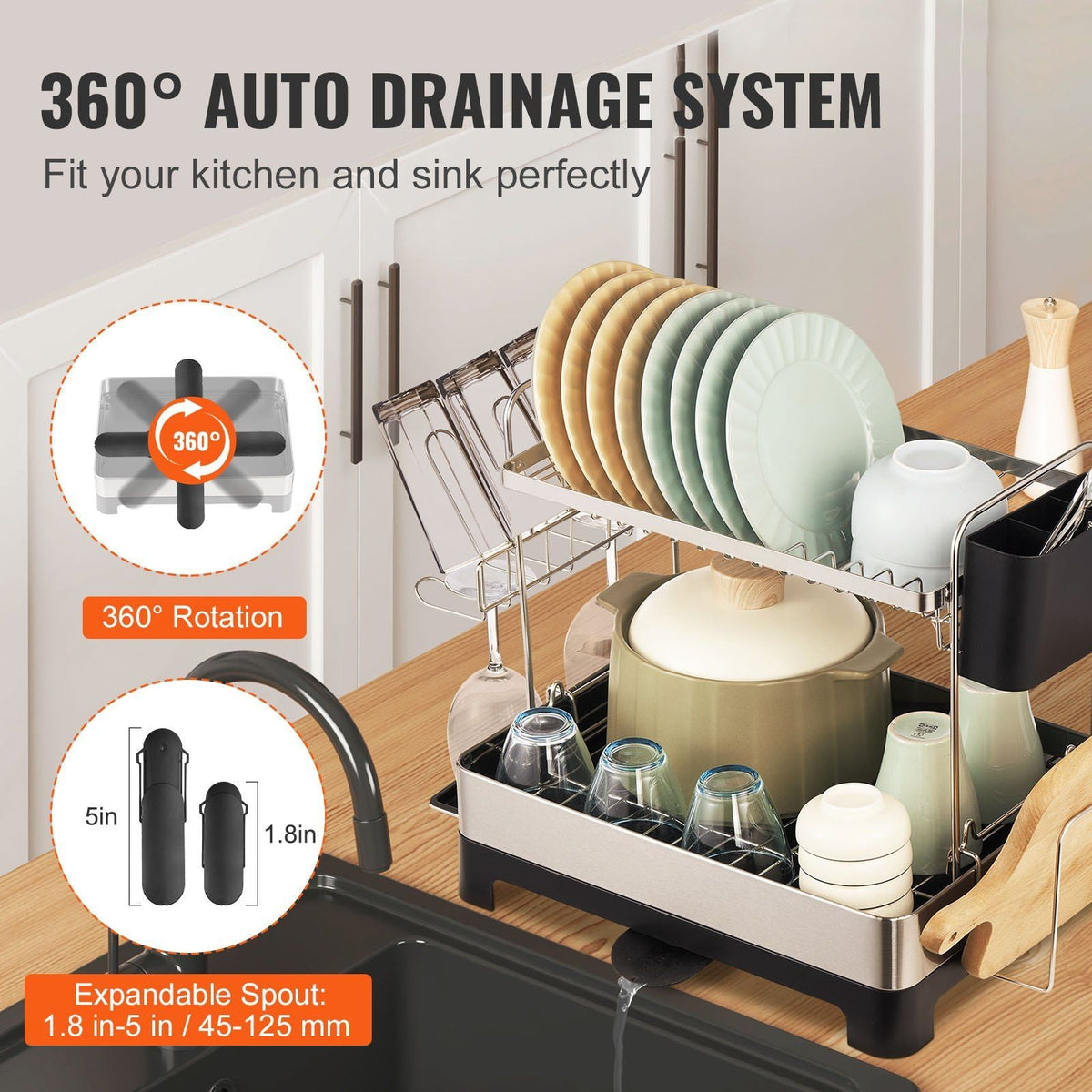 2Tier Dish Drying Rack Dish Drainer Stainless Steel Kitchen Utensil Holder