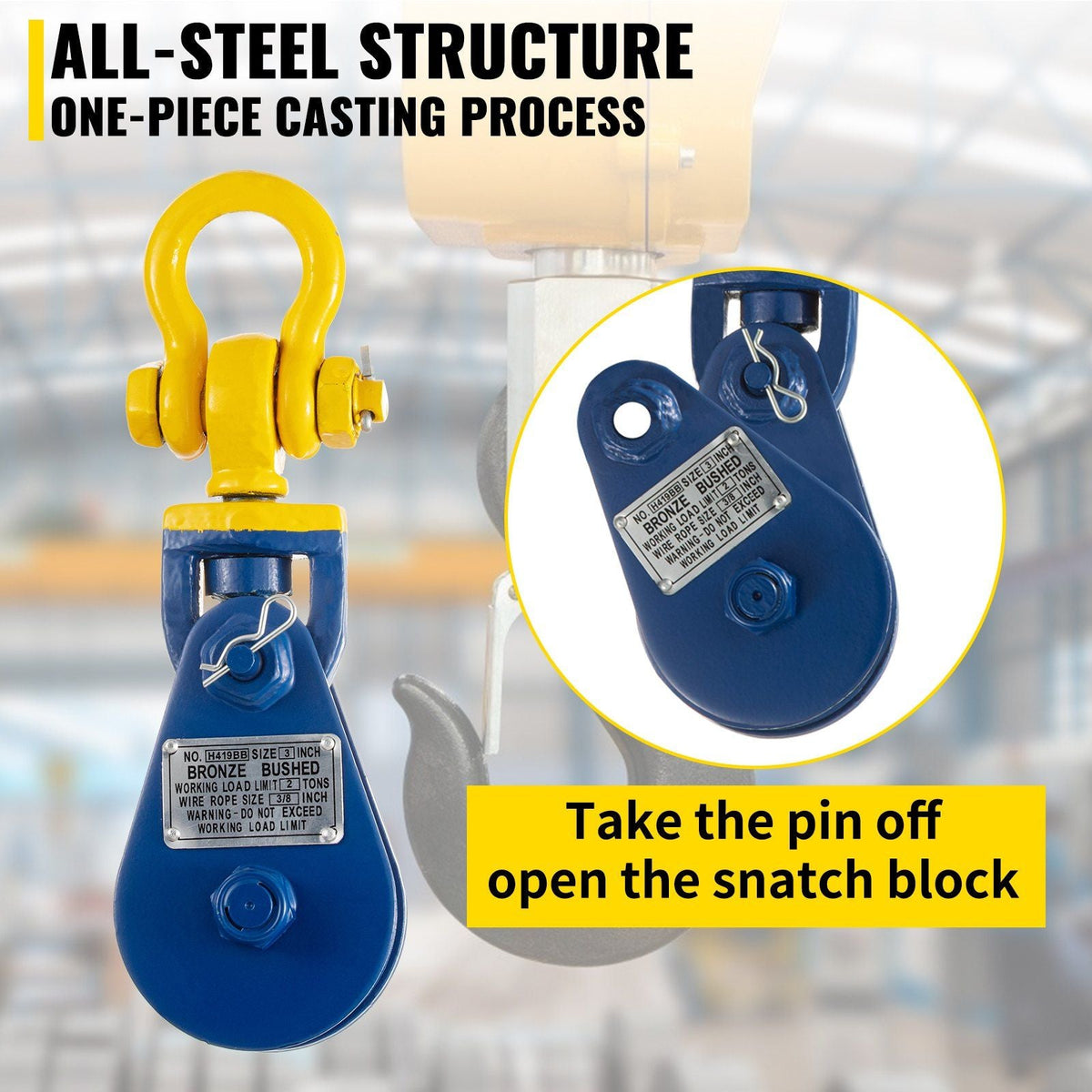2ton Snatch Block with Chain, 4400 lbs Capacity Snatch Rigging Block, 3'' Single Sheave Block w/Swivel Hook and Latch, Fit 3/8'' Wire Cable Heavy Duty for Recovery Wrecker Roll Back Pulling