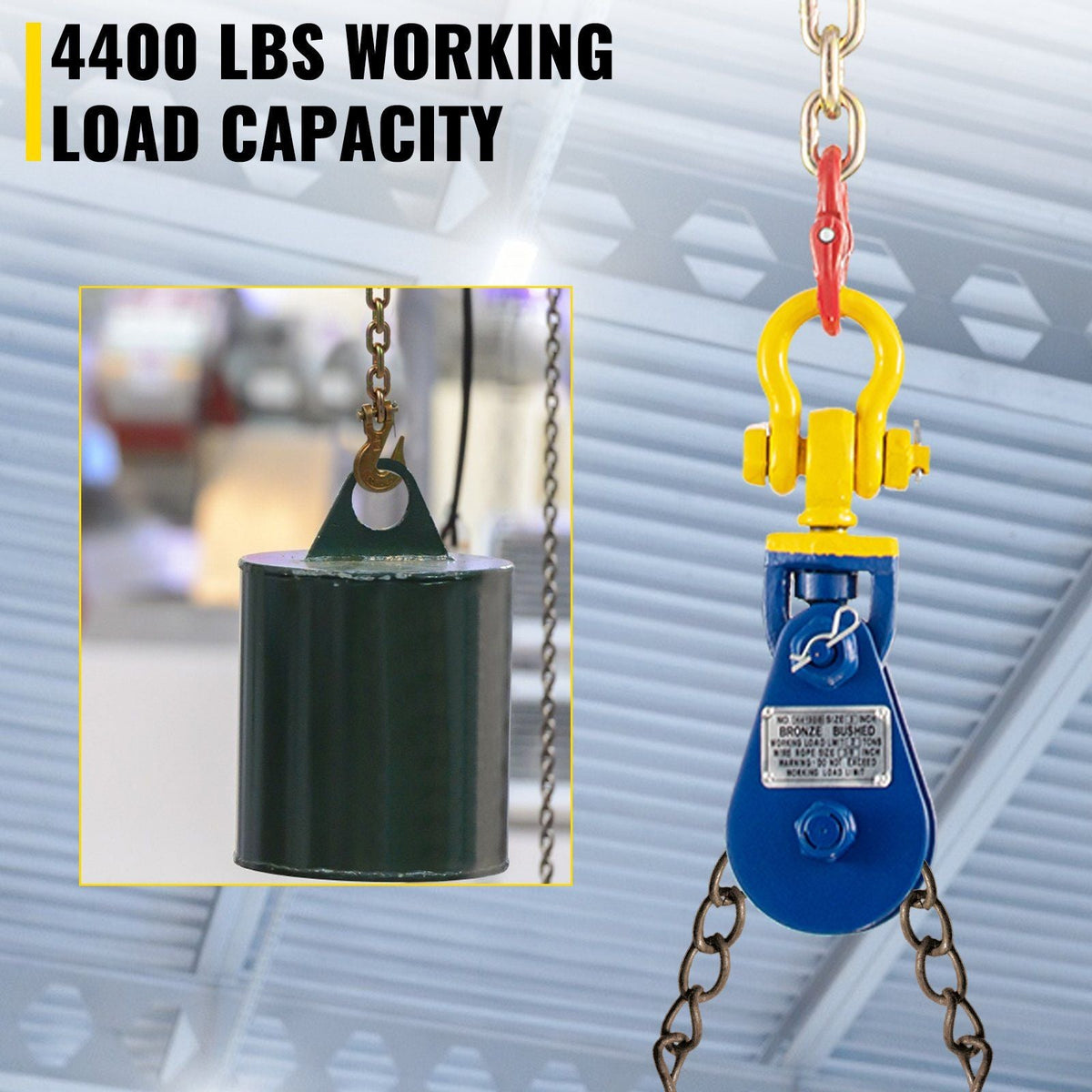 2ton Snatch Block with Chain, 4400 lbs Capacity Snatch Rigging Block, 3'' Single Sheave Block w/Swivel Hook and Latch, Fit 3/8'' Wire Cable Heavy Duty for Recovery Wrecker Roll Back Pulling