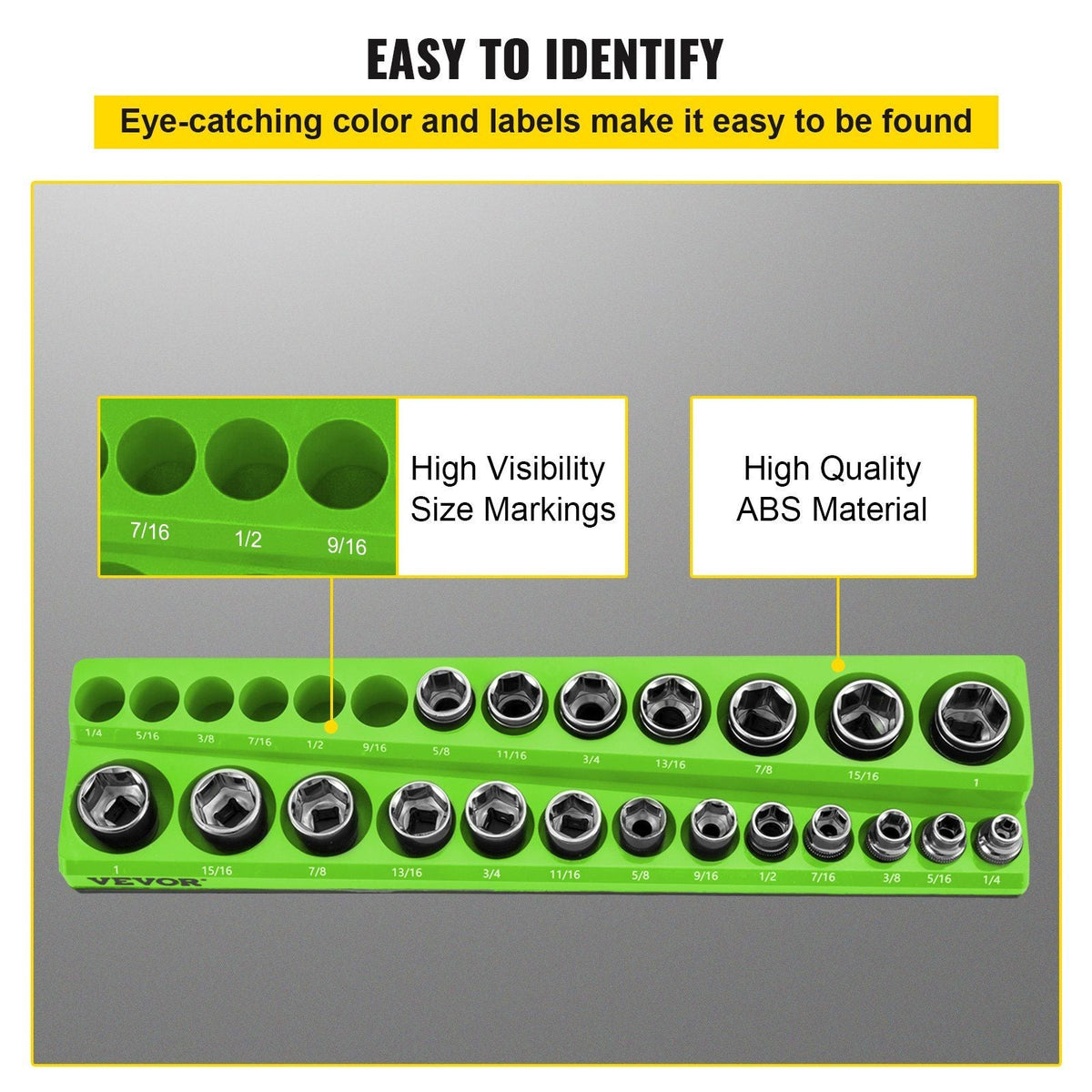 3-Pack SAE Magnetic Socket Organizers, 1/2-inch, 3/8-inch, 1/4-inch Drive Socket Holders Hold 68 Sockets, Green Tool Box Organizer for Sockets Storage