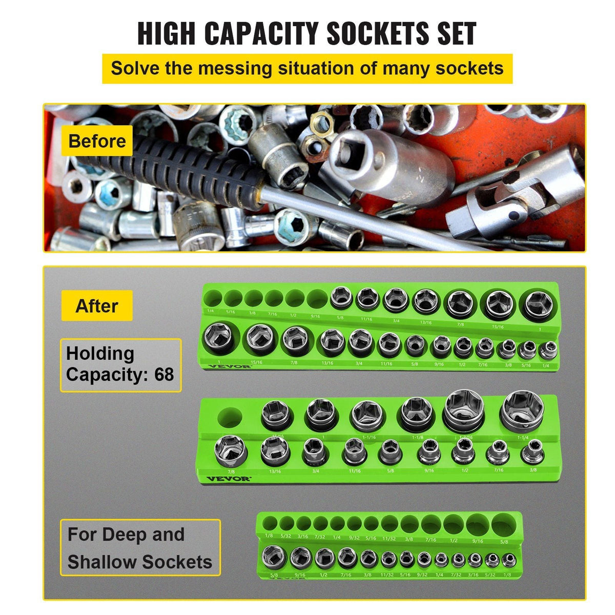 3-Pack SAE Magnetic Socket Organizers, 1/2-inch, 3/8-inch, 1/4-inch Drive Socket Holders Hold 68 Sockets, Green Tool Box Organizer for Sockets Storage