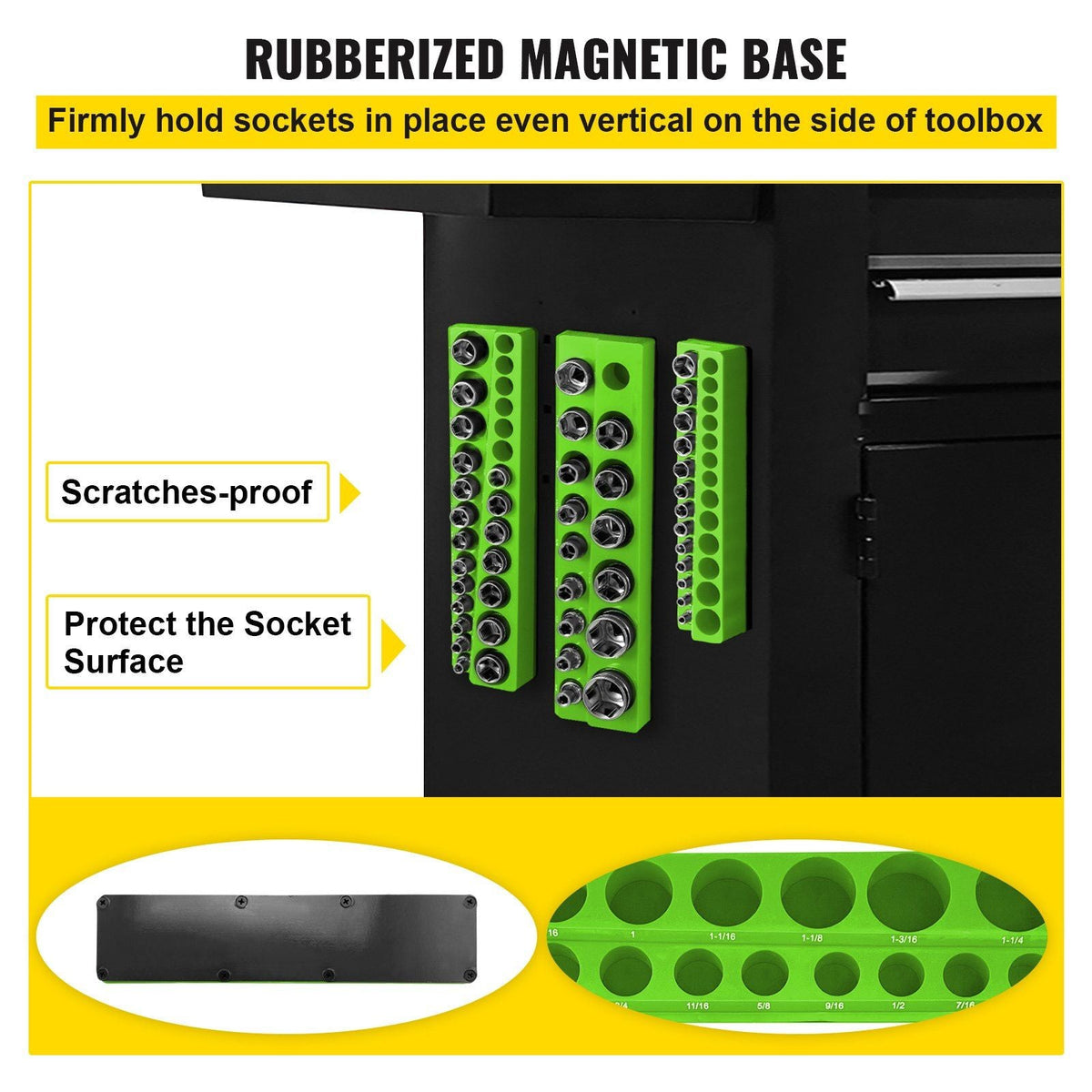 3-Pack SAE Magnetic Socket Organizers, 1/2-inch, 3/8-inch, 1/4-inch Drive Socket Holders Hold 68 Sockets, Green Tool Box Organizer for Sockets Storage