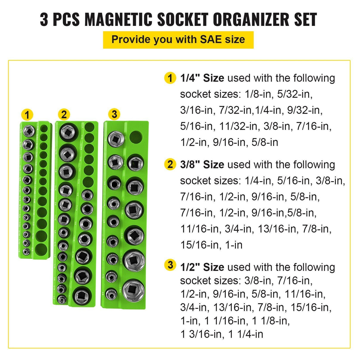 3-Pack SAE Magnetic Socket Organizers, 1/2-inch, 3/8-inch, 1/4-inch Drive Socket Holders Hold 68 Sockets, Green Tool Box Organizer for Sockets Storage