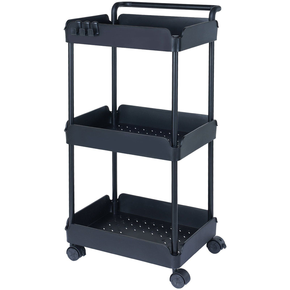 3-Tier Rolling Utility Cart, Kitchen Cart with Lockable Wheels, Multi-Functional Storage Trolley with Handle for Office, Living Room, Kitchen, Movable Storage Basket Organizer Shelves, Black