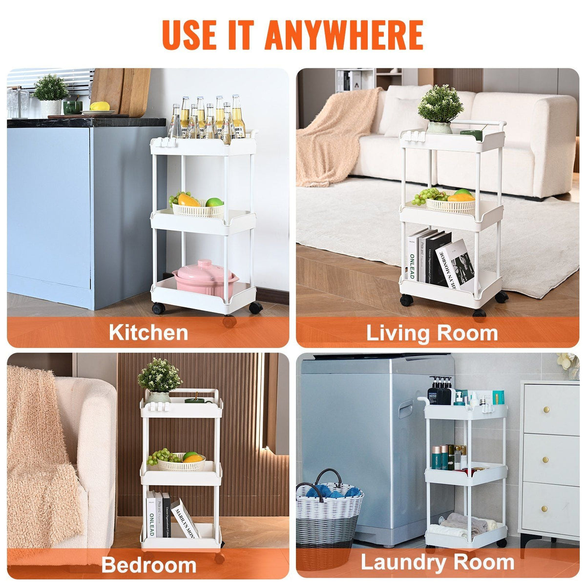 3-Tier Rolling Utility Cart, Kitchen Cart with Lockable Wheels, Multi-Functional Storage Trolley with Handle for Office, Living Room, Kitchen, Movable Storage Basket Organizer Shelves, White