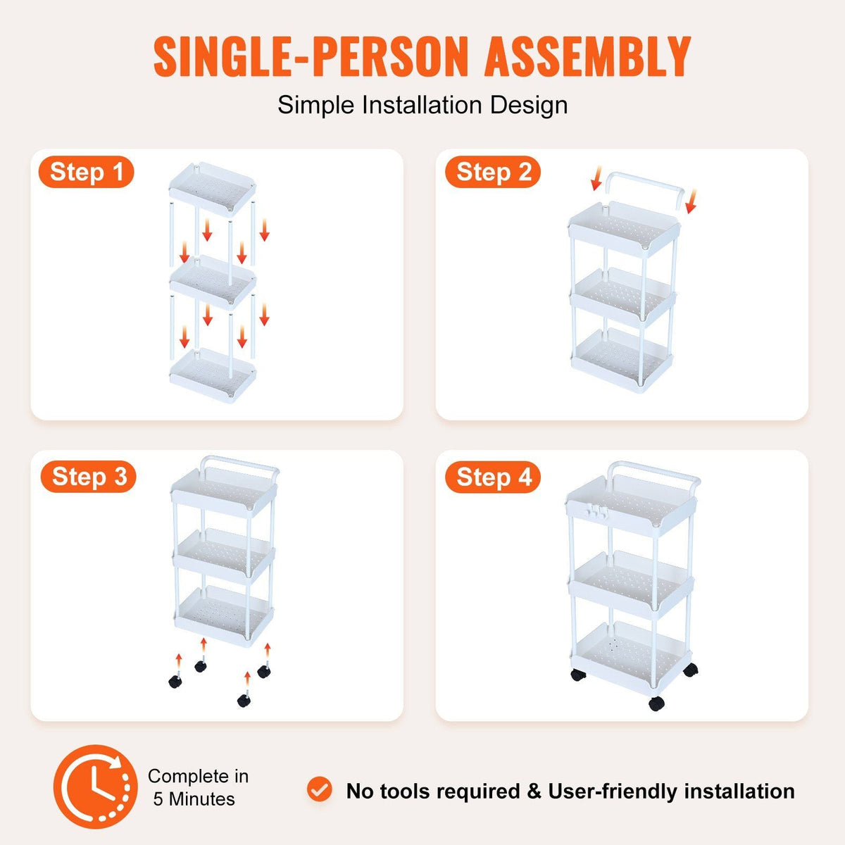 3-Tier Rolling Utility Cart, Kitchen Cart with Lockable Wheels, Multi-Functional Storage Trolley with Handle for Office, Living Room, Kitchen, Movable Storage Basket Organizer Shelves, White