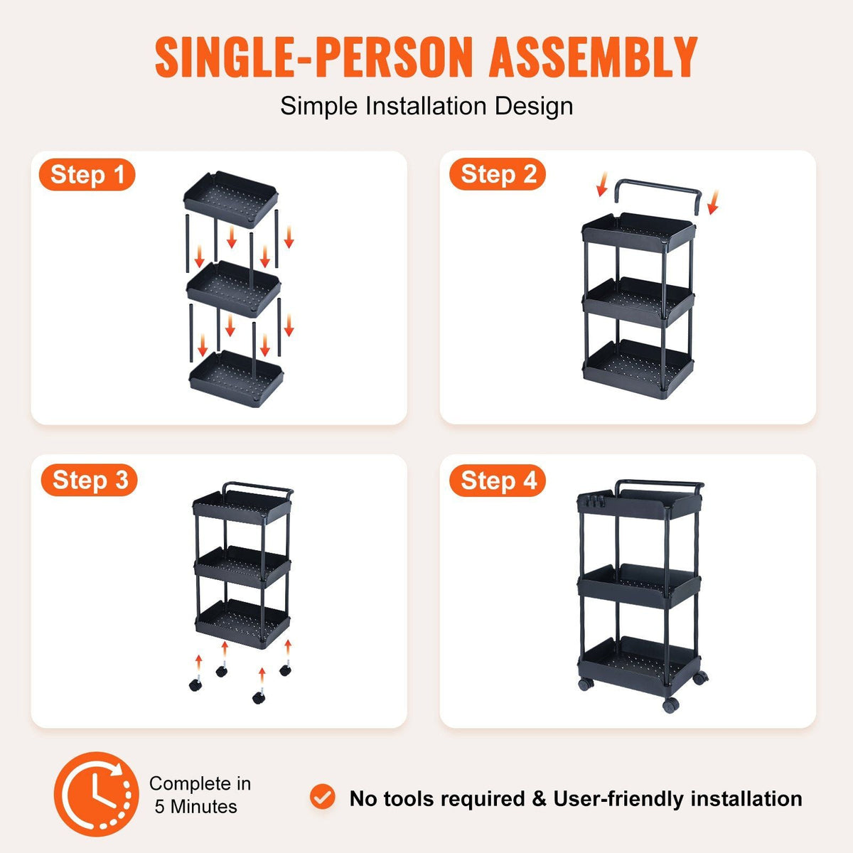 3-Tier Rolling Utility Cart, Kitchen Cart with Lockable Wheels, Multi-Functional Storage Trolley with Handle for Office, Living Room, Kitchen, Movable Storage Basket Organizer Shelves, Black
