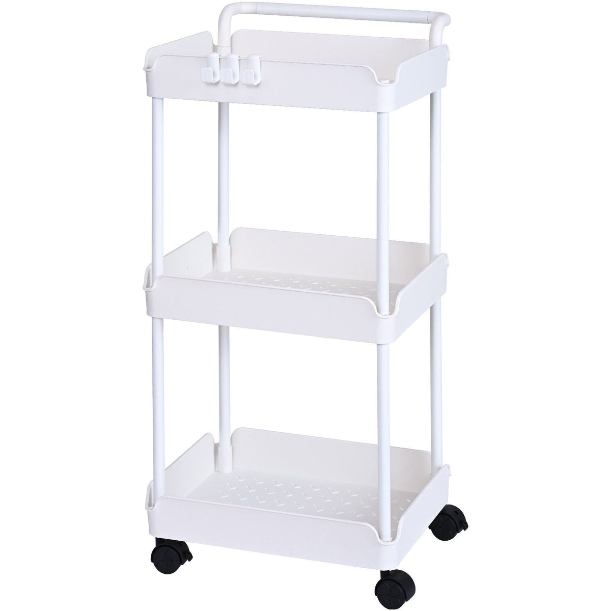 3-Tier Rolling Utility Cart, Kitchen Cart with Lockable Wheels, Multi-Functional Storage Trolley with Handle for Office, Living Room, Kitchen, Movable Storage Basket Organizer Shelves, White