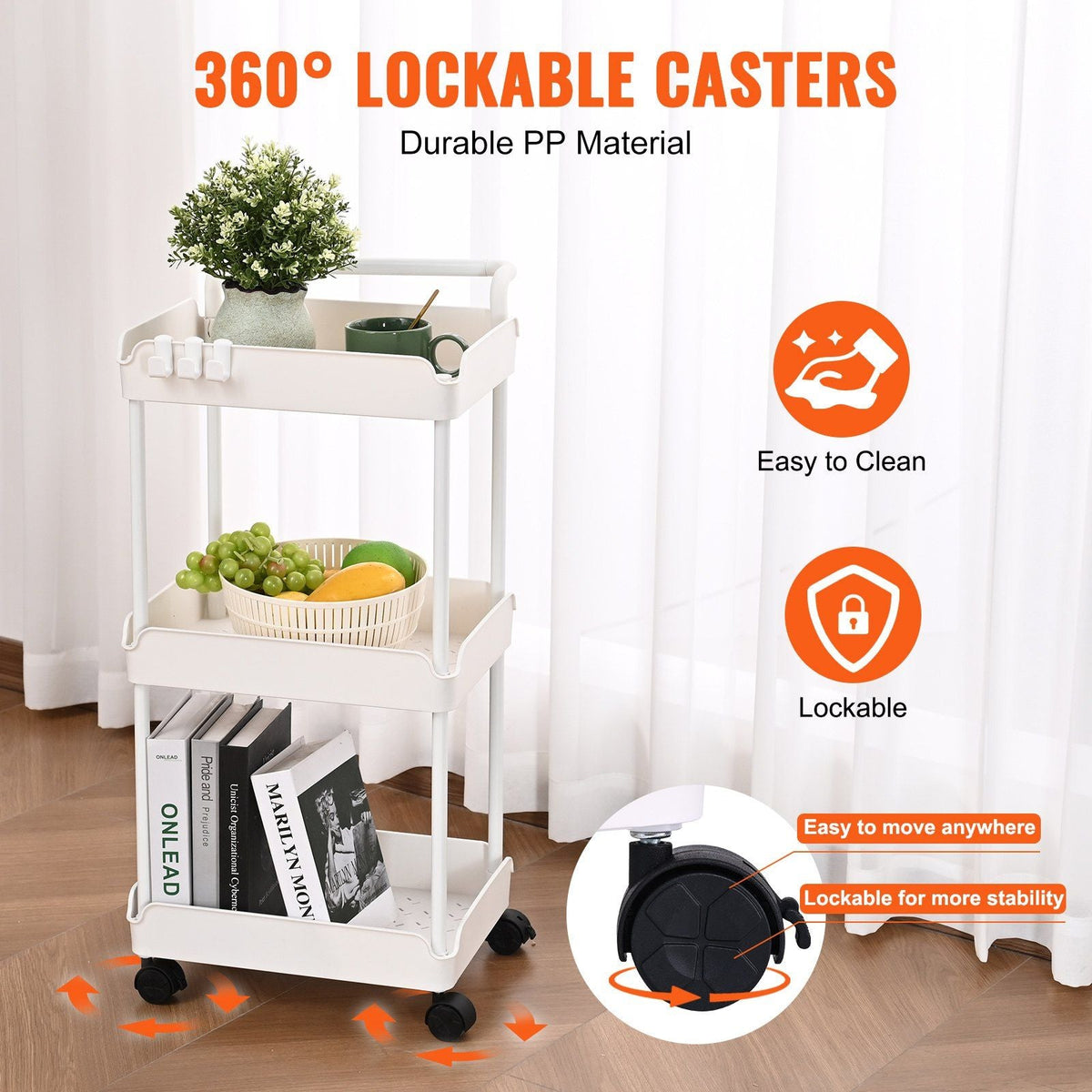3-Tier Rolling Utility Cart, Kitchen Cart with Lockable Wheels, Multi-Functional Storage Trolley with Handle for Office, Living Room, Kitchen, Movable Storage Basket Organizer Shelves, White