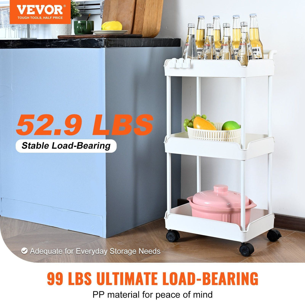 3-Tier Rolling Utility Cart, Kitchen Cart with Lockable Wheels, Multi-Functional Storage Trolley with Handle for Office, Living Room, Kitchen, Movable Storage Basket Organizer Shelves, White