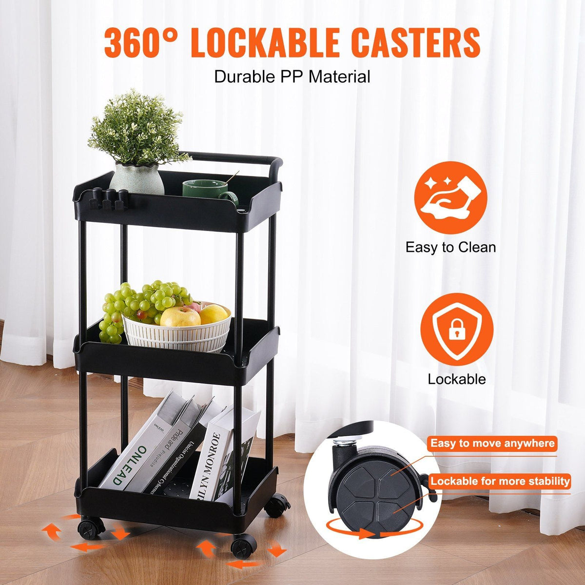 3-Tier Rolling Utility Cart, Kitchen Cart with Lockable Wheels, Multi-Functional Storage Trolley with Handle for Office, Living Room, Kitchen, Movable Storage Basket Organizer Shelves, Black