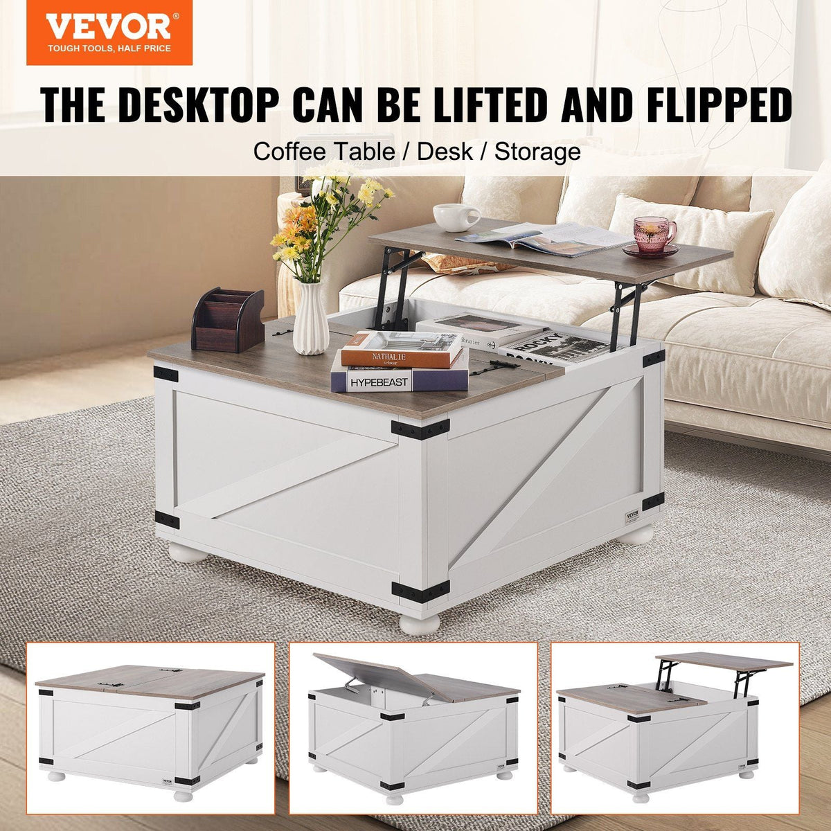 31.5" Farmhouse Coffee Table, Hinged Lift Top Coffee Square Table with Storage Compartment, Wooden Rustic Cocktail Table for Living Room, Bedroom, Apartment, Studio, Gray & White