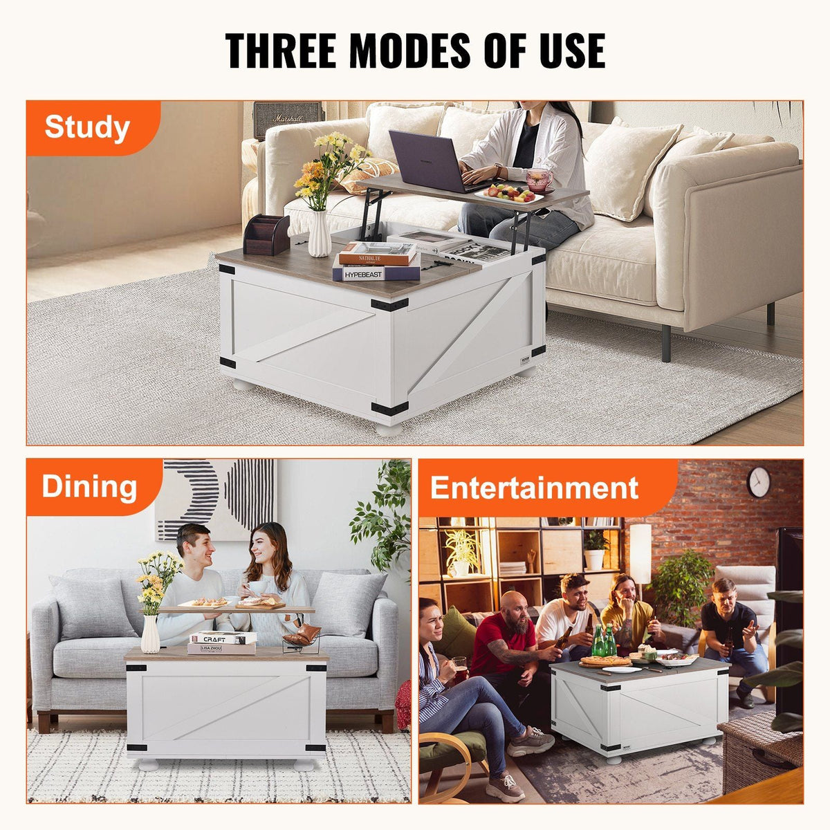 31.5" Farmhouse Coffee Table, Hinged Lift Top Coffee Square Table with Storage Compartment, Wooden Rustic Cocktail Table for Living Room, Bedroom, Apartment, Studio, Gray & White