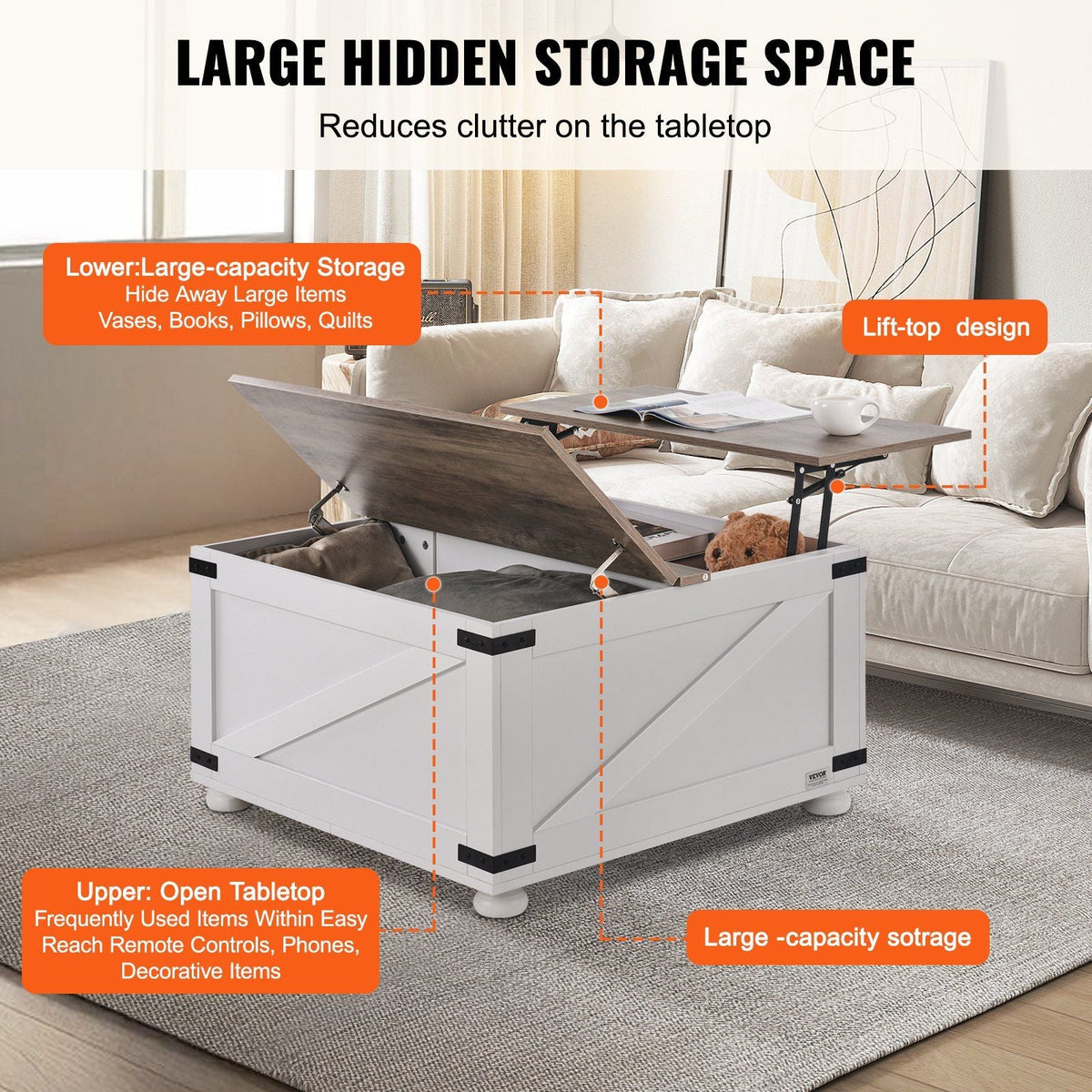 31.5" Farmhouse Coffee Table, Hinged Lift Top Coffee Square Table with Storage Compartment, Wooden Rustic Cocktail Table for Living Room, Bedroom, Apartment, Studio, Gray & White