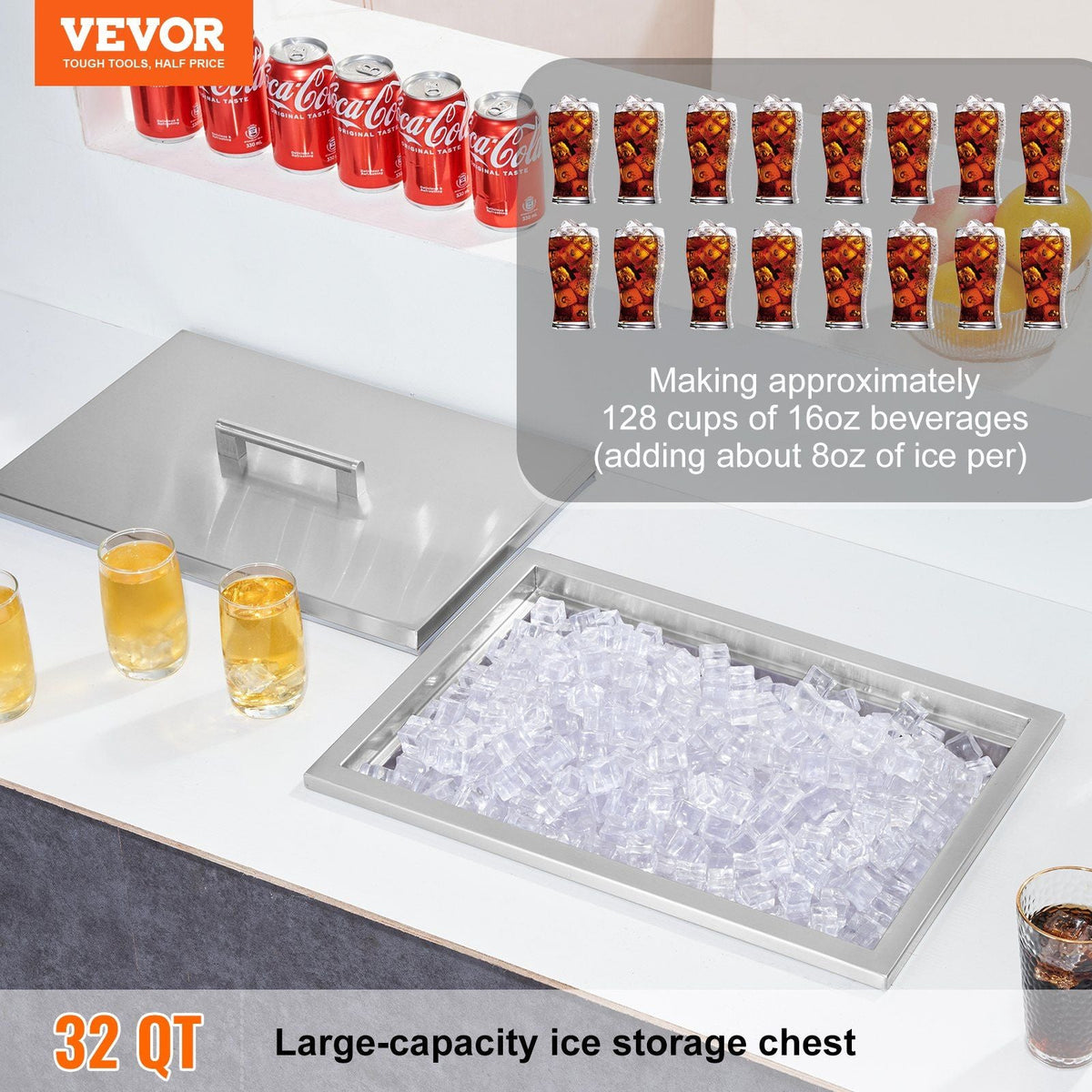 32 Quart Drop in Ice Chest Ice Cooler Ice Bin Stainless Steel 20"x14"x13"