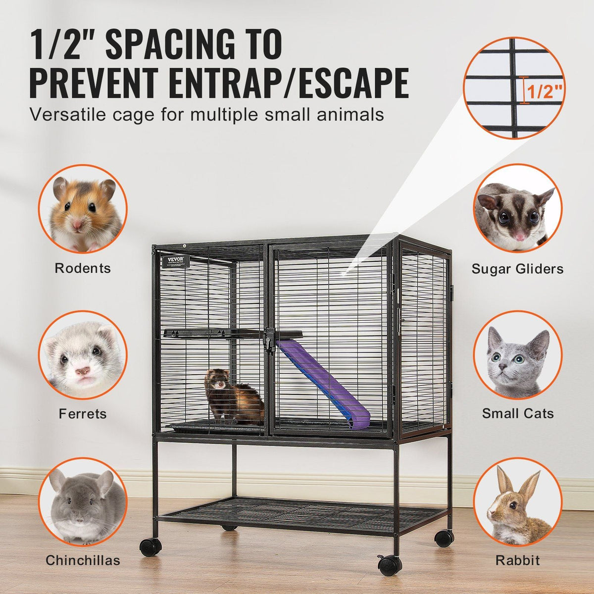 36" Metal Small Animal Cage 2-Tier Rolling Ferret Cage with Tray A Ramp