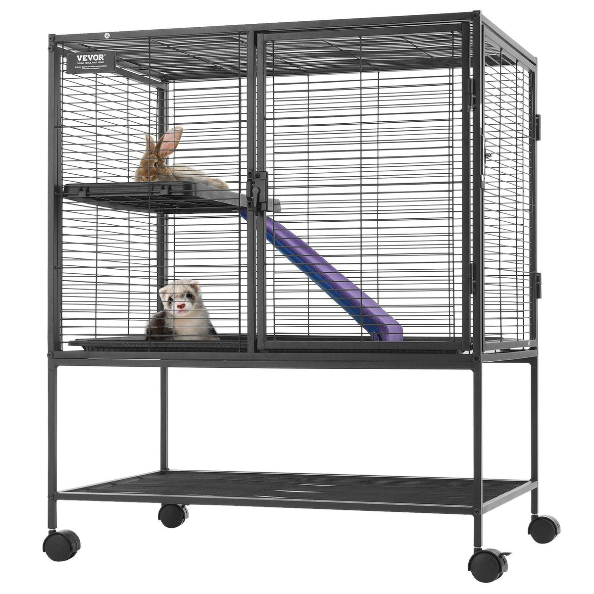 36" Metal Small Animal Cage 2-Tier Rolling Ferret Cage with Tray A Ramp