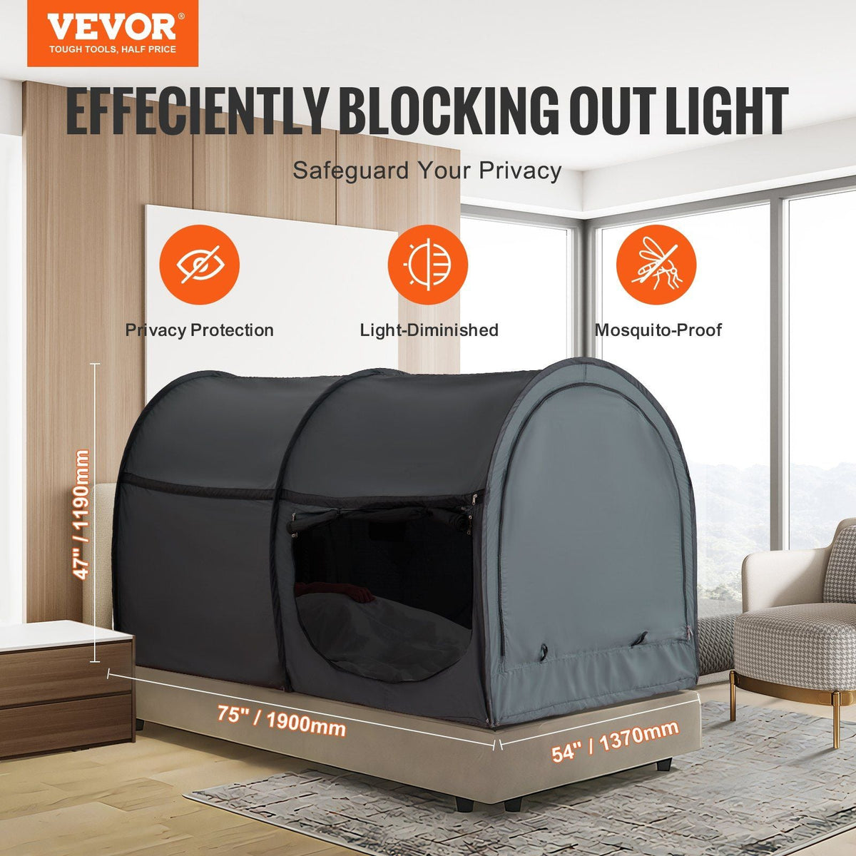 4 Doors Bed Tent Breathable Tent Light Blackout with 0.28 in Fiber Poles