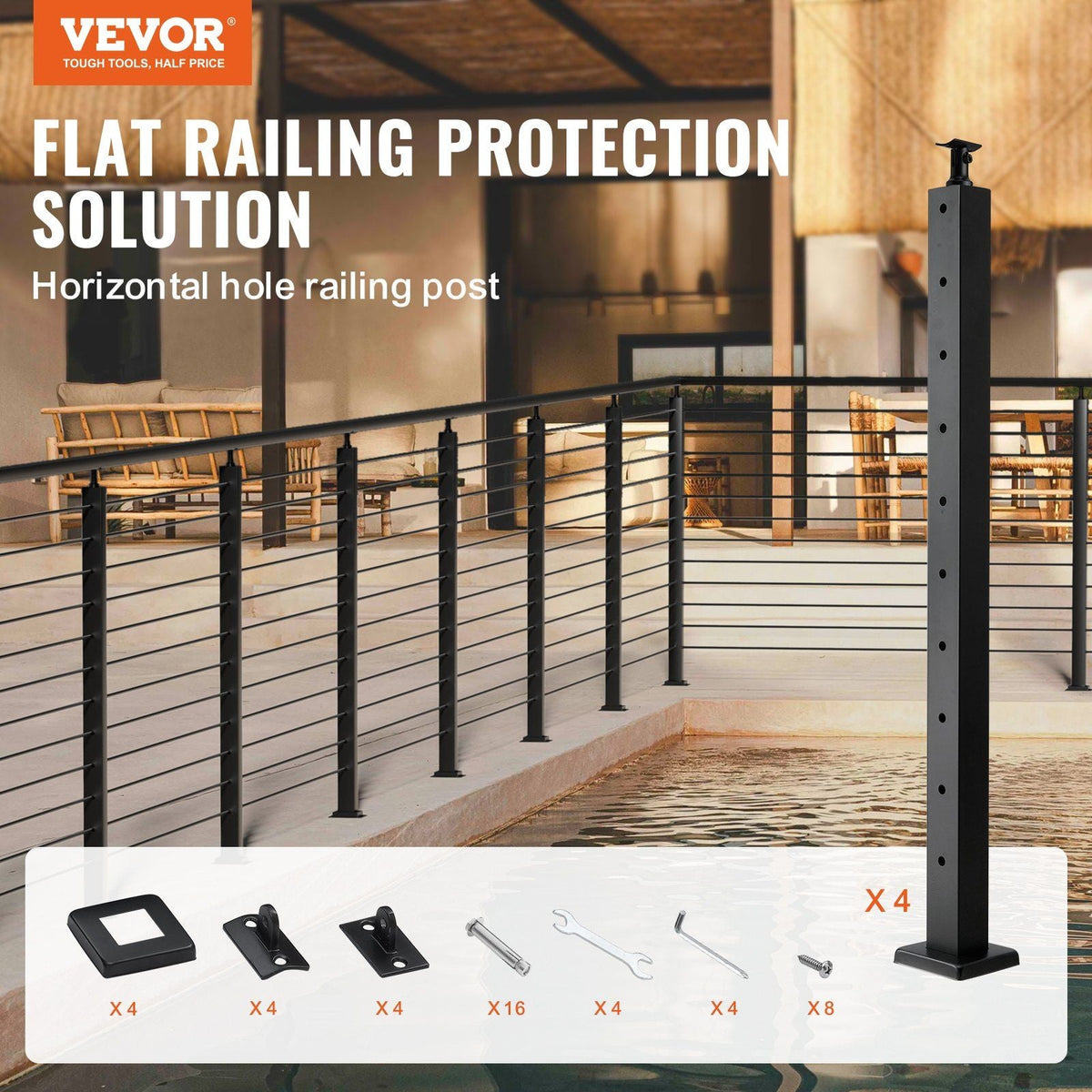 4-Pack Cable Railing Post, 36" x 2" x 2" Steel Horizontal Hole Deck Railing Post, 10 Pre-Drilled Holes, SUS304 Stainless Steel Cable Rail Post with Horizontal and Curved Bracket, Black