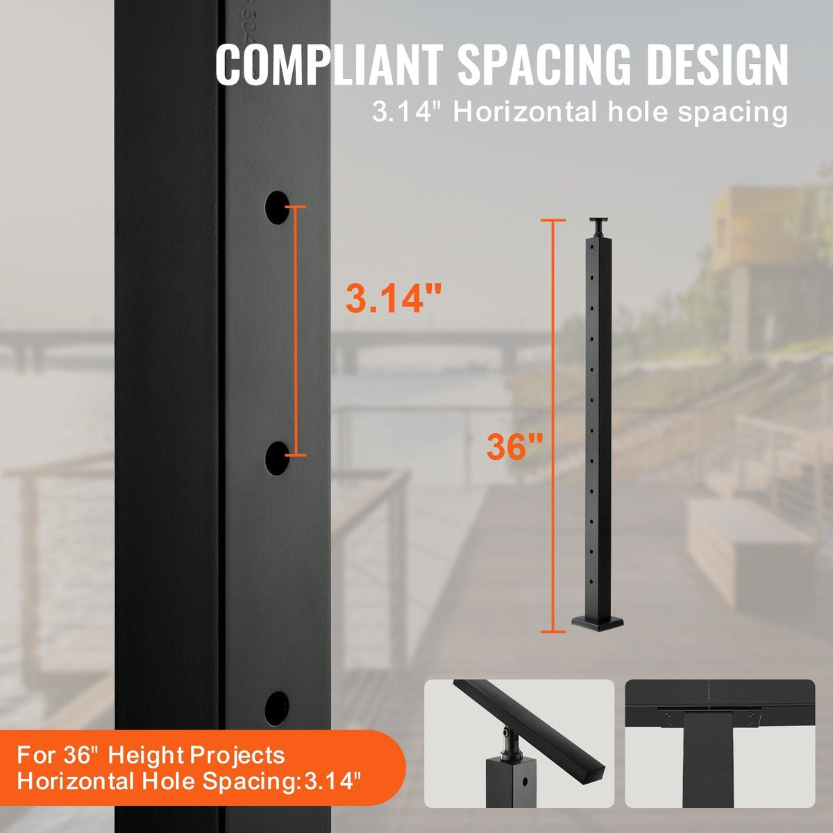 4-Pack Cable Railing Post, 36" x 2" x 2" Steel Horizontal Hole Deck Railing Post, 10 Pre-Drilled Holes, SUS304 Stainless Steel Cable Rail Post with Horizontal and Curved Bracket, Black