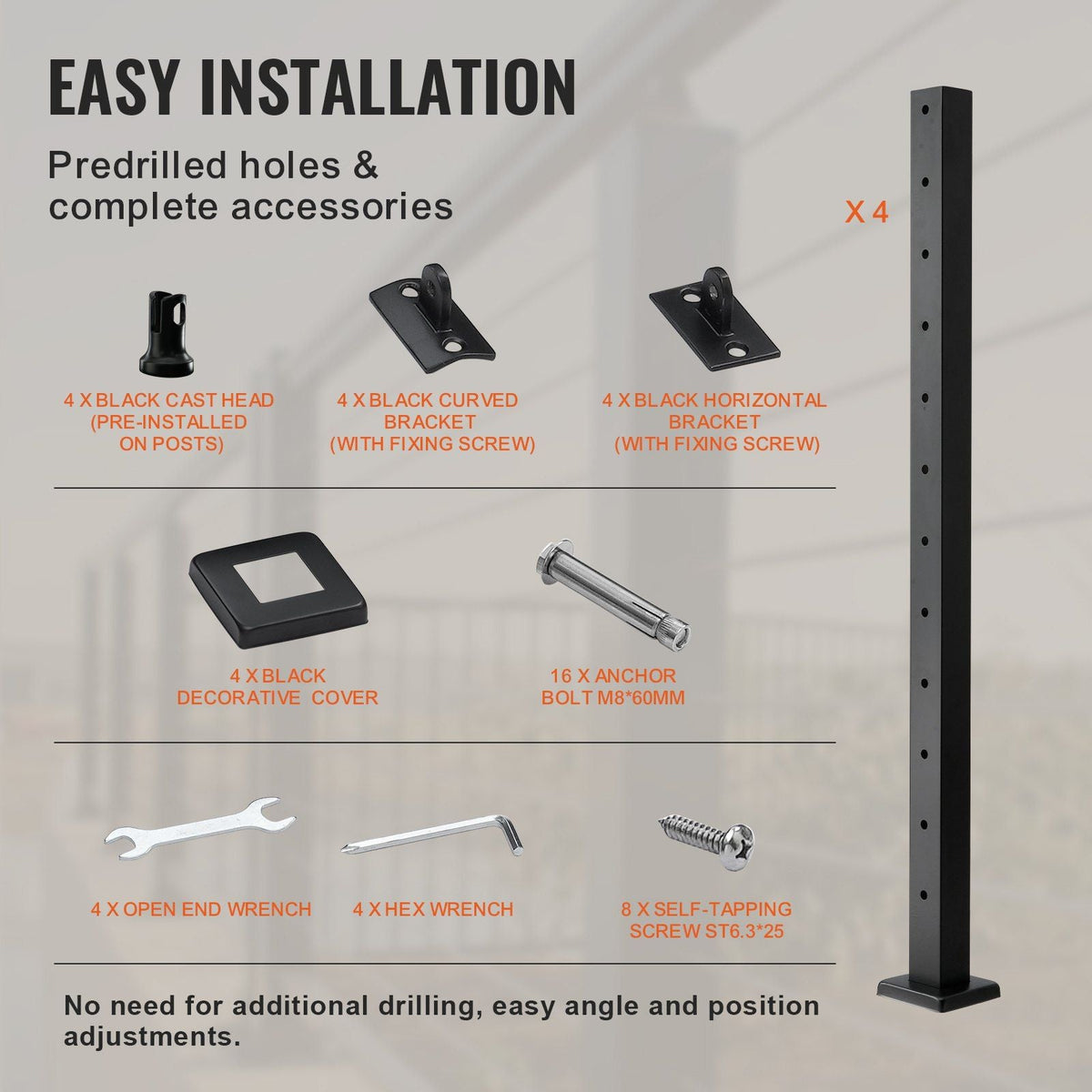 4-Pack Cable Railing Post, 42" x 2" x 2" Steel Horizontal Hole Deck Railing Post, 12 Pre-Drilled Holes, SUS304 Stainless Steel Cable Rail Post with Horizontal and Curved Bracket, Black
