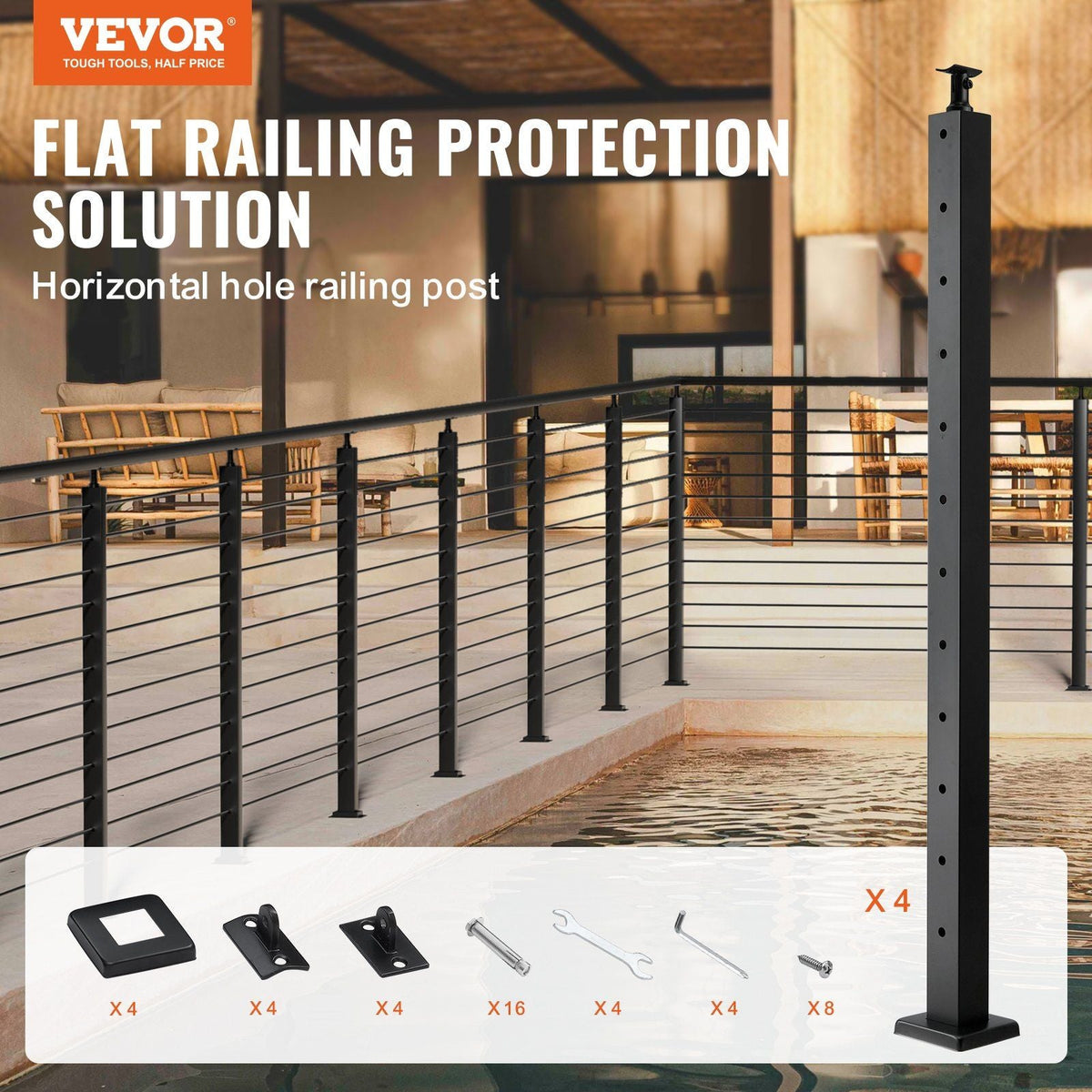 4-Pack Cable Railing Post, 42" x 2" x 2" Steel Horizontal Hole Deck Railing Post, 12 Pre-Drilled Holes, SUS304 Stainless Steel Cable Rail Post with Horizontal and Curved Bracket, Black