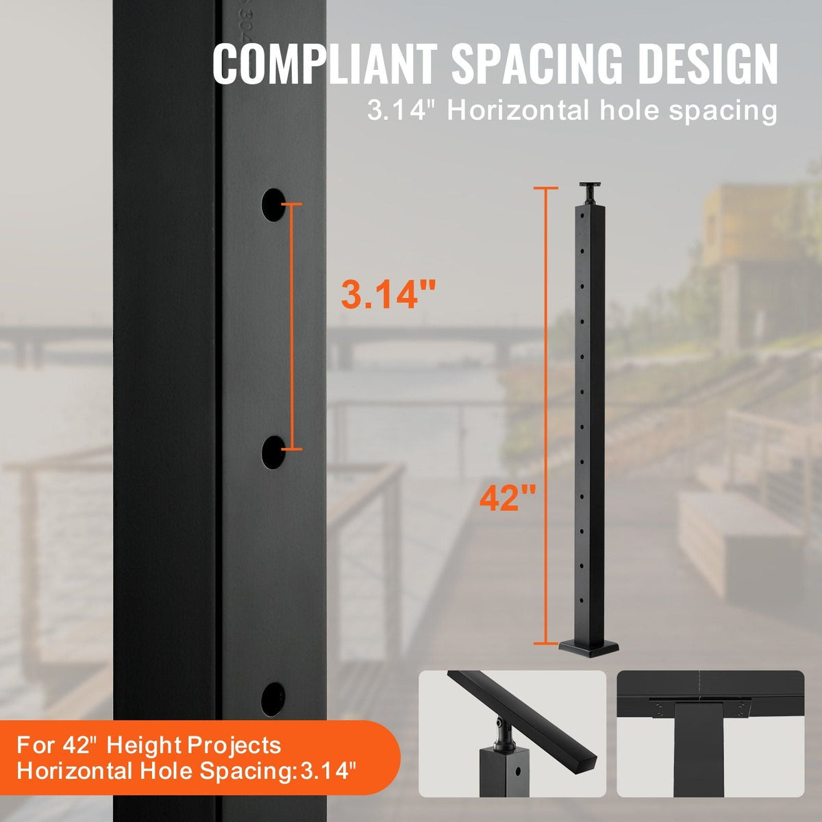4-Pack Cable Railing Post, 42" x 2" x 2" Steel Horizontal Hole Deck Railing Post, 12 Pre-Drilled Holes, SUS304 Stainless Steel Cable Rail Post with Horizontal and Curved Bracket, Black