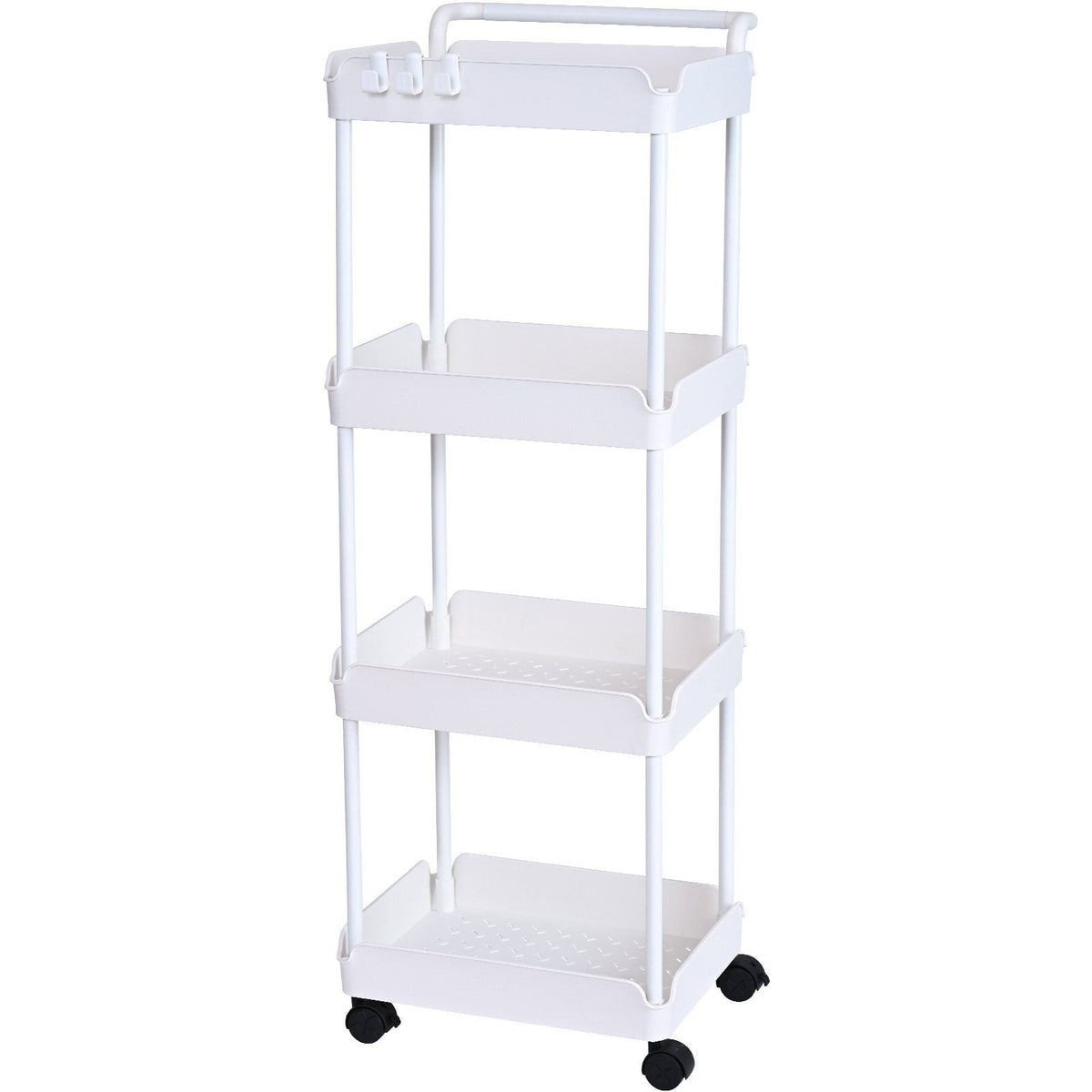 4-Tier Rolling Utility Cart, Kitchen Cart with Lockable Wheels, Multi-Functional Storage Trolley with Handle for Office, Living Room, Kitchen, Movable Storage Basket Organizer Shelves, White