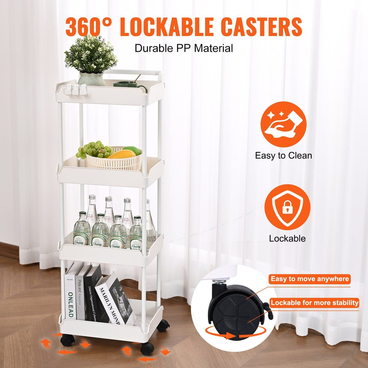 4-Tier Rolling Utility Cart, Kitchen Cart with Lockable Wheels, Multi-Functional Storage Trolley with Handle for Office, Living Room, Kitchen, Movable Storage Basket Organizer Shelves, White