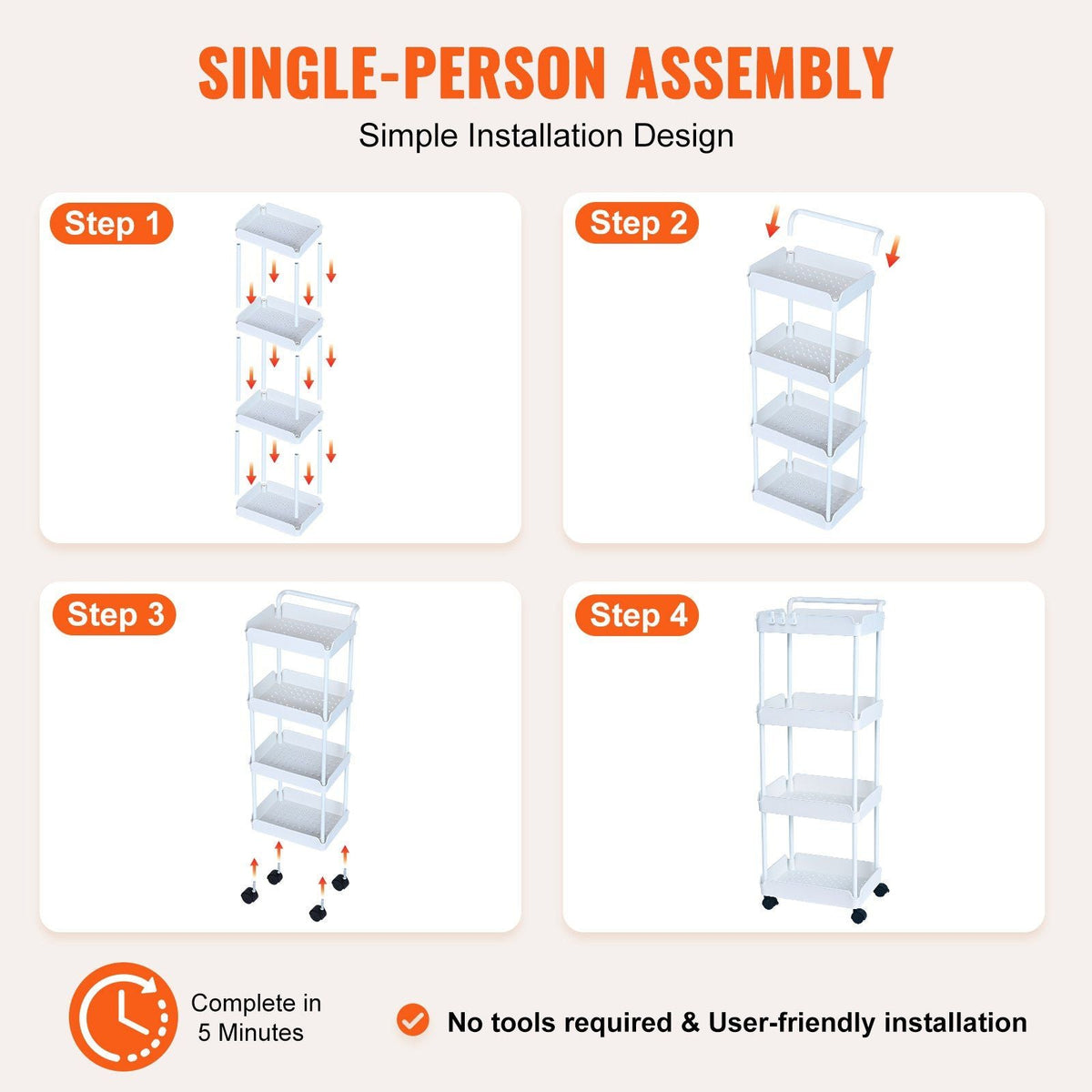 4-Tier Rolling Utility Cart, Kitchen Cart with Lockable Wheels, Multi-Functional Storage Trolley with Handle for Office, Living Room, Kitchen, Movable Storage Basket Organizer Shelves, White