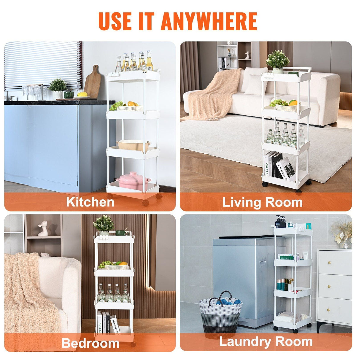 4-Tier Rolling Utility Cart, Kitchen Cart with Lockable Wheels, Multi-Functional Storage Trolley with Handle for Office, Living Room, Kitchen, Movable Storage Basket Organizer Shelves, White