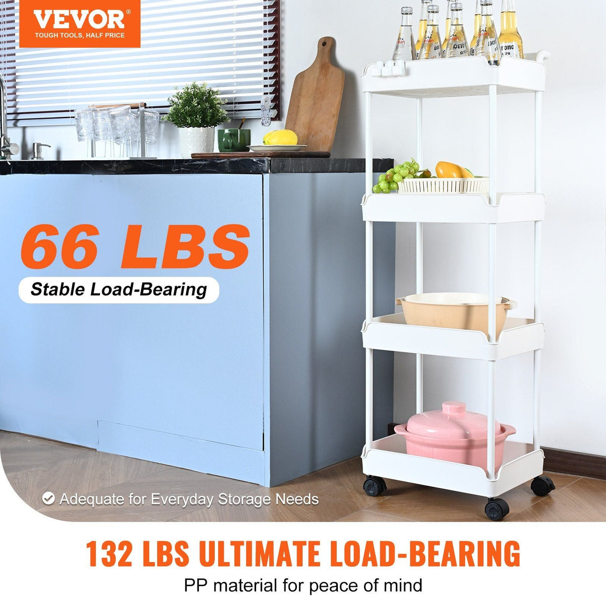 4-Tier Rolling Utility Cart, Kitchen Cart with Lockable Wheels, Multi-Functional Storage Trolley with Handle for Office, Living Room, Kitchen, Movable Storage Basket Organizer Shelves, White