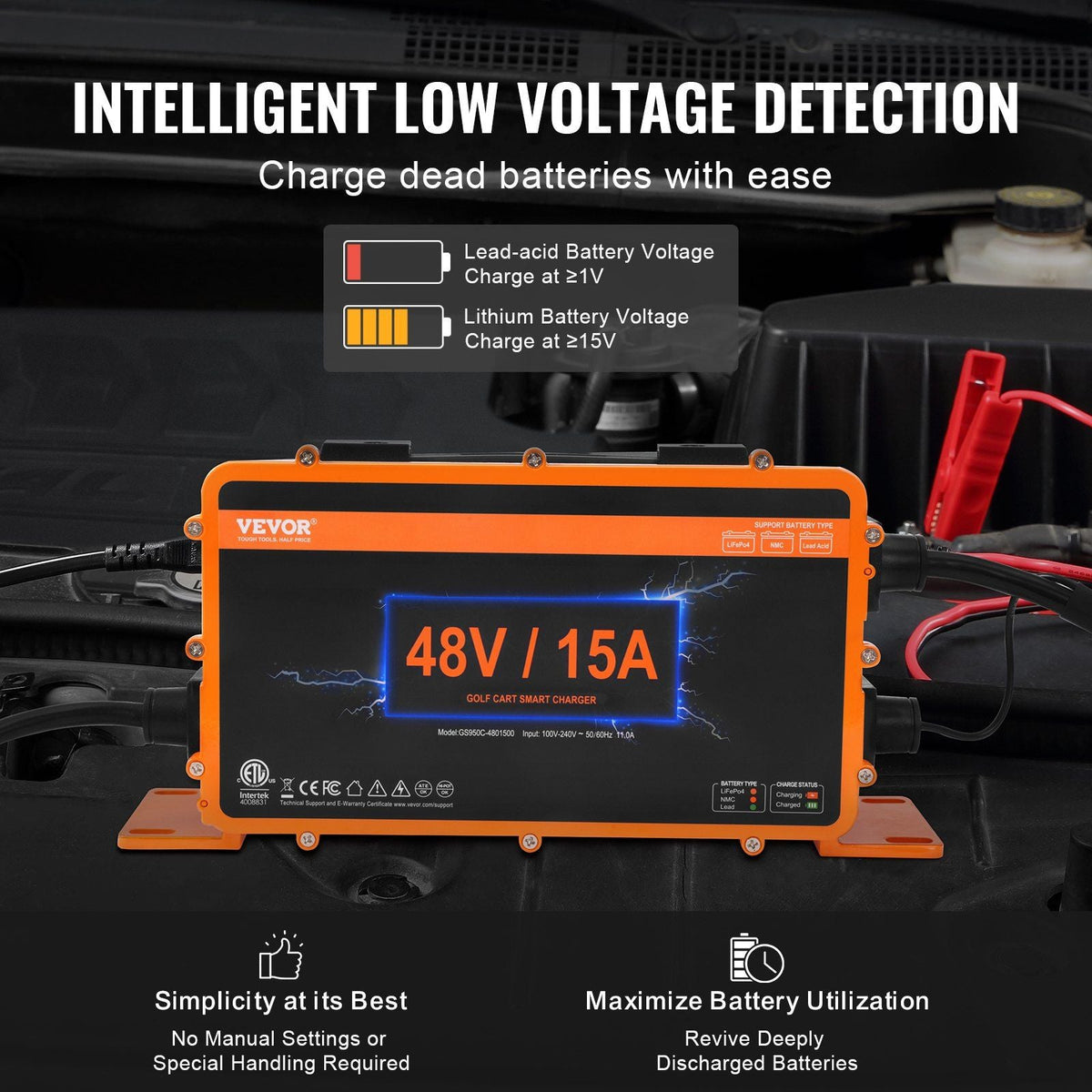 48 Volt 15 AMP Golf Cart Smart Battery Charger for Club Car 3-Pin Round