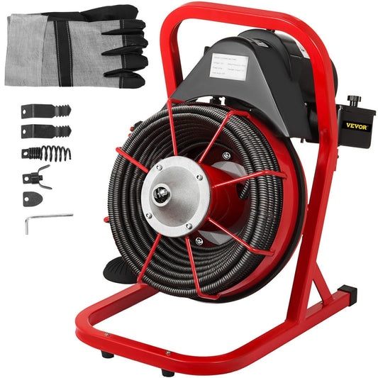 50FT x 1/2 Inch Drain Cleaning Machine, 250W Electric Drain Auger, Portable Sewer Snake Auger Cleaner with Cutters & Air-Activated Foot Switch for 1" to 4" Pipes, Black, Red