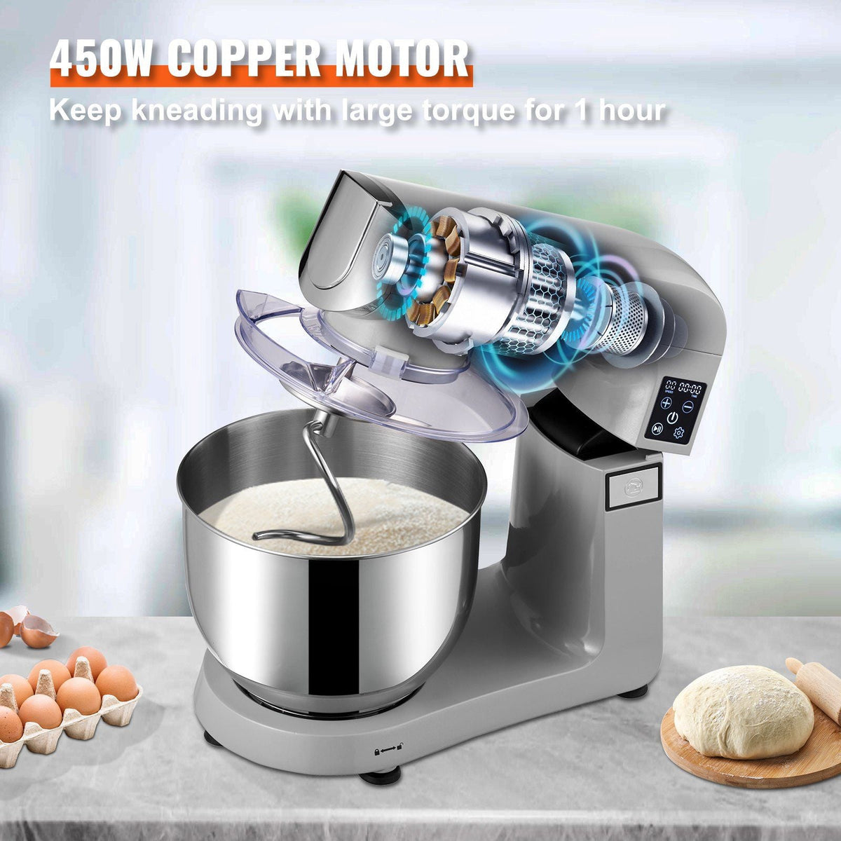 6 in 1 Stand Mixer, 450W Multifunctional Electric Mixer with Tilt-Head, 6 Speeds and LCD Screen Timing, 7.4Qt Stainless Bowl, Dough Hook, Flat Beater, Whisk, Scraper, Grinder, Stuffer, Slicer