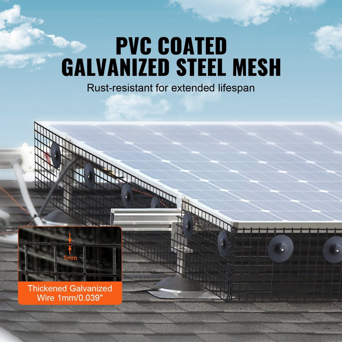 6 inch x 50ft Solar Panel Bird Guard, Critter Guard Roll Kit with 50pcs Stainless Steel Fasteners, Solar Panel Guard with Rust-proof PVC Coating, 1/2 inch Wire Roll Mesh