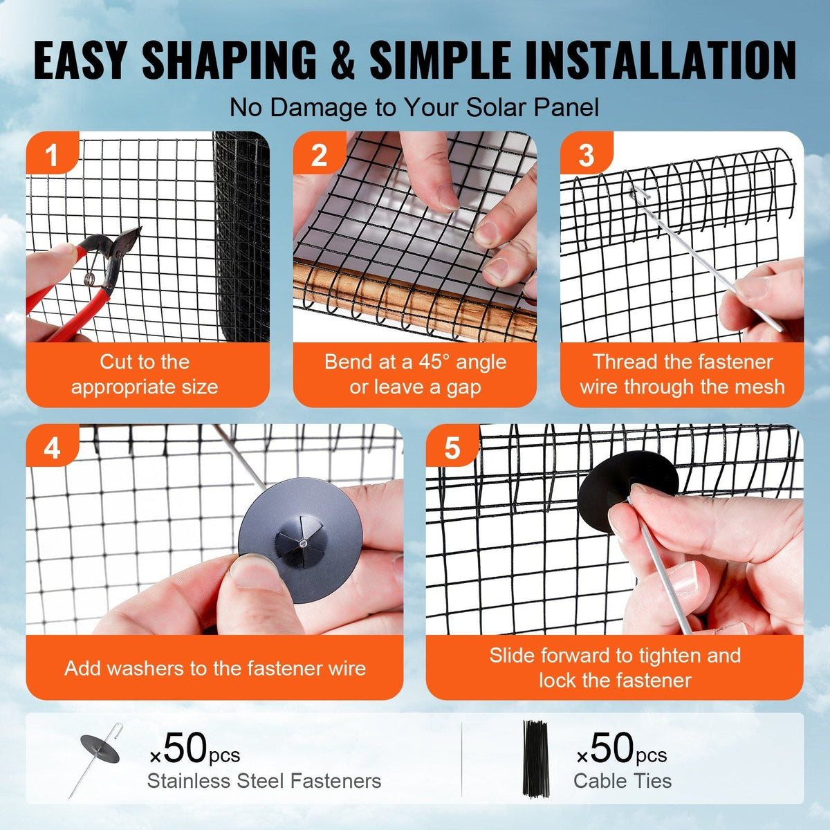 6 inch x 50ft Solar Panel Bird Guard, Critter Guard Roll Kit with 50pcs Stainless Steel Fasteners, Solar Panel Guard with Rust-proof PVC Coating, 1/2 inch Wire Roll Mesh