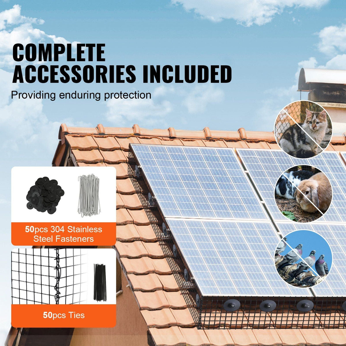 6 inch x 50ft Solar Panel Bird Guard, Critter Guard Roll Kit with 50pcs Stainless Steel Fasteners, Solar Panel Guard with Rust-proof PVC Coating, 1/2 inch Wire Roll Mesh