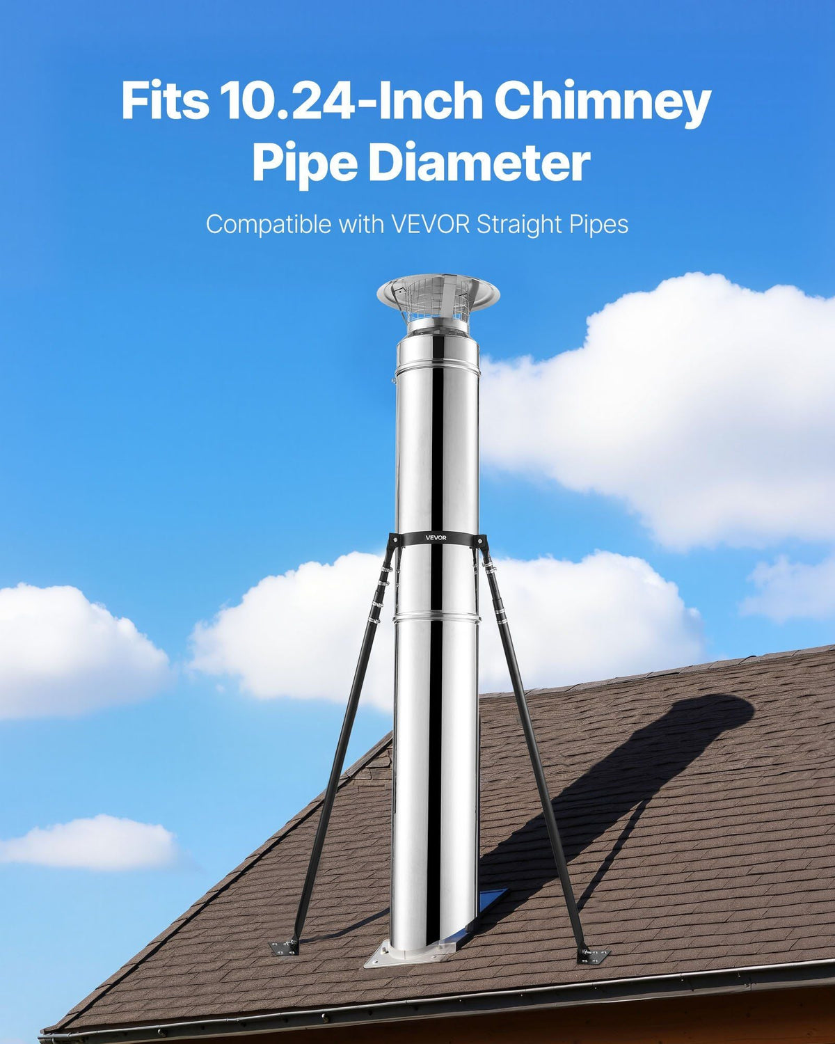 6 inches Extended Roof Bracket, Supports Chimney Stove Pipe for Stability, Mounting Brackets with Adjustable Legs, Steel with Powder Coating, Side/Top Mount Installation (No Rain Cap, Pipe)