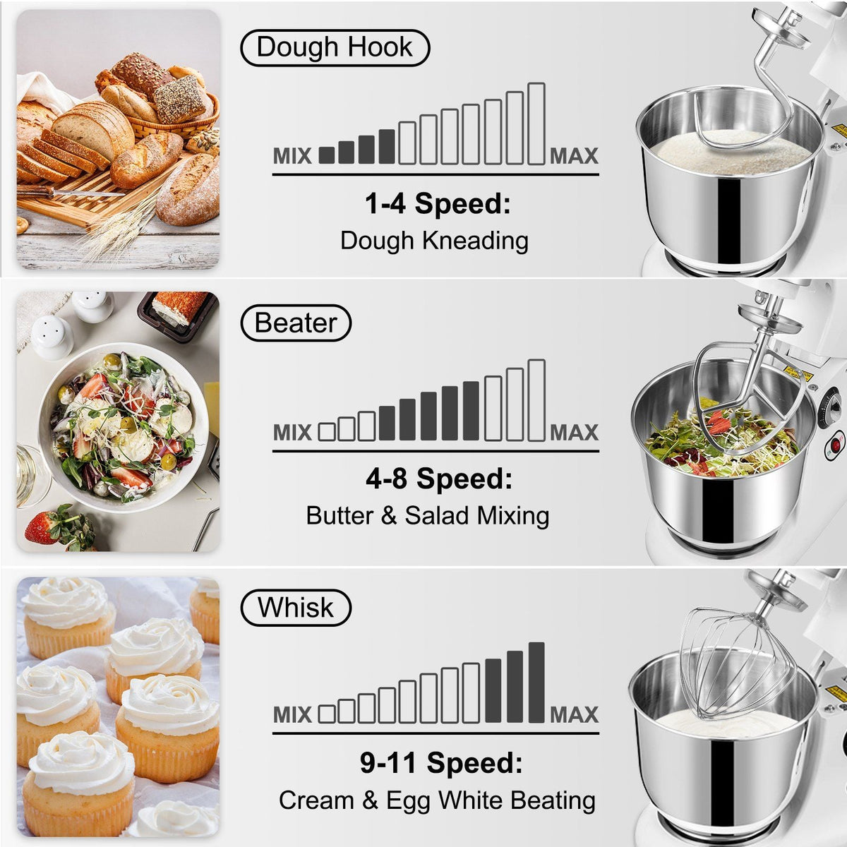 600W Stand Mixer 11-Speed Tilt-Head Dough Mixer 7.4 Qt Bowl 3 Attachments