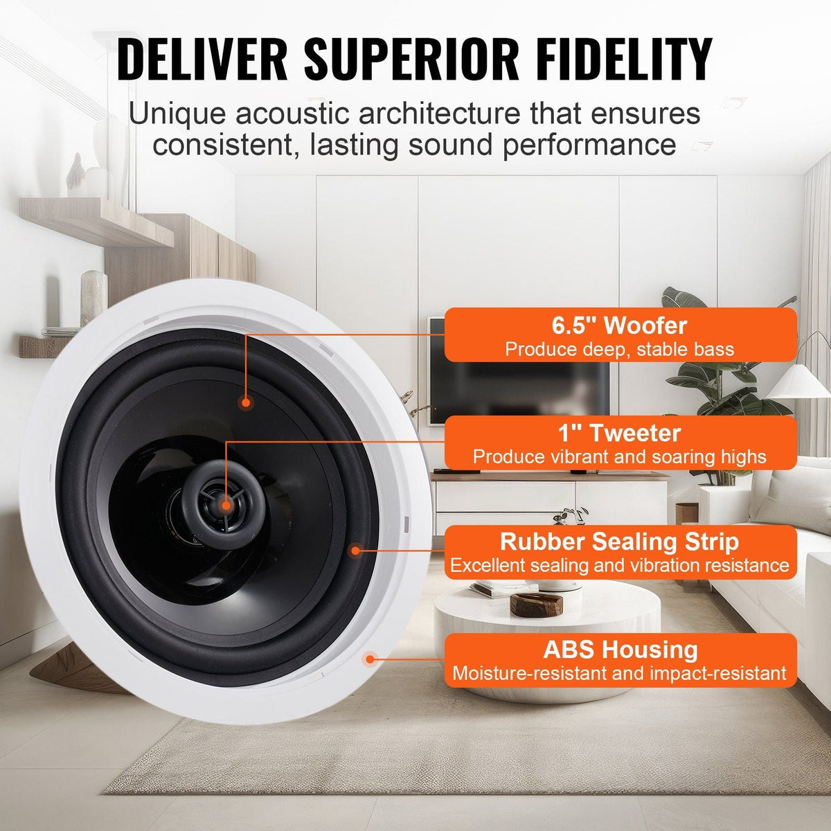 6.5'' Bluetooth in Ceiling Speakers, 150W, Flush Mount Ceiling & in-Wall Speaker System with 8ΩImpedance 89dB Sensitivity, for Home Kitchen Living Room Bedroom or Covered Outdoor Porches, Single