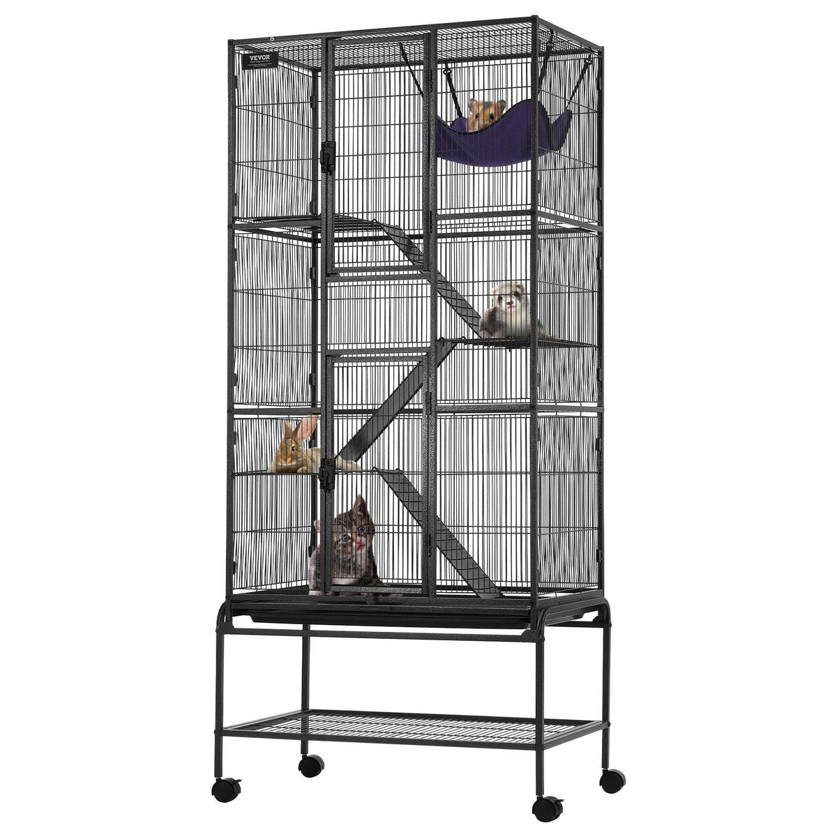 69" Metal Small Animal Cage 4-Tier Rolling Ferret Cage with Tray 3 Ramps