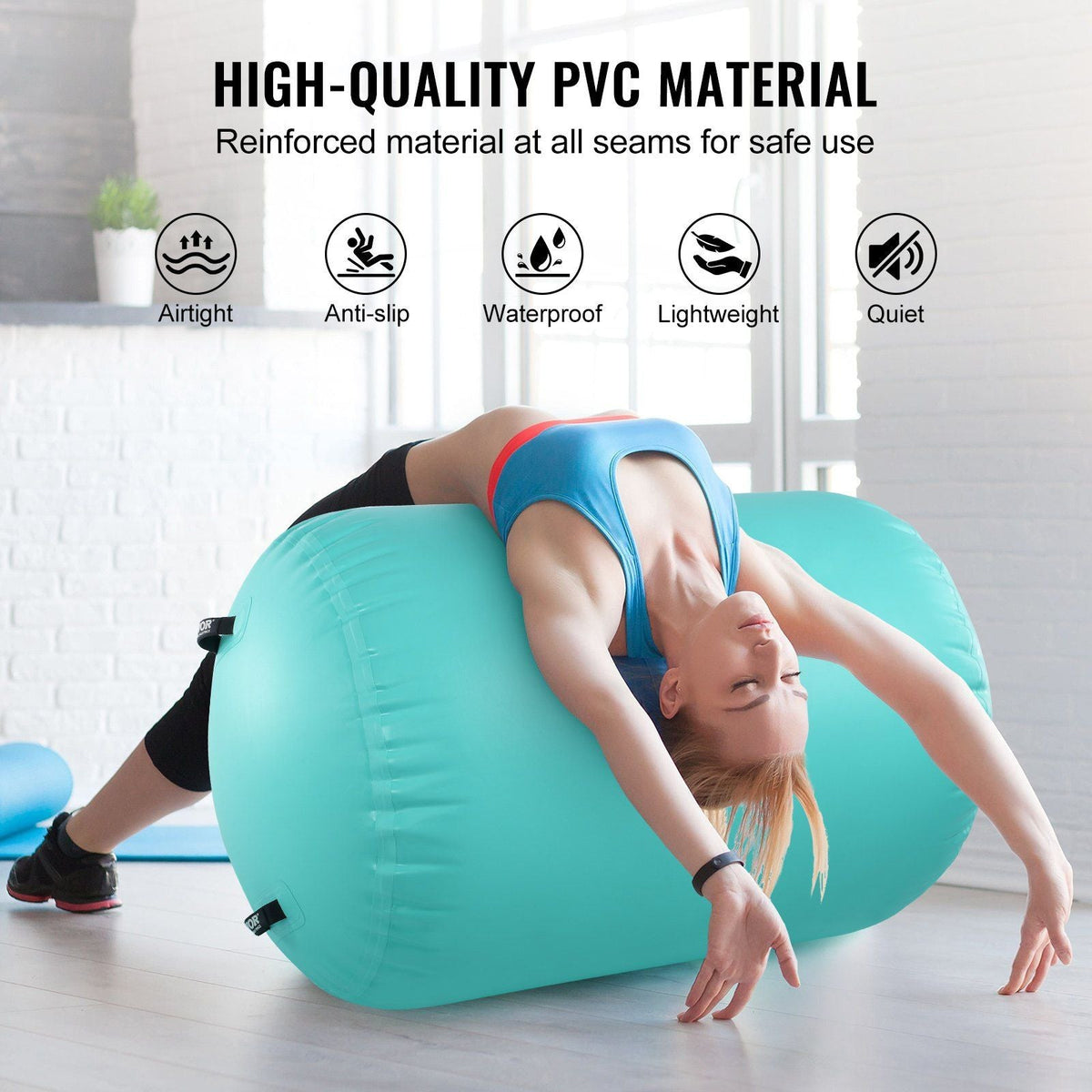 Air Mat Tumble Track Air Spot, Round Inflatable Air Roller, Air Barrel Gymnastic Equipment with Electric Pump, Tumbling Backbend Trainer for Home Use/Gym/Yoga/Cheerleading/Park/Water, Mint Green