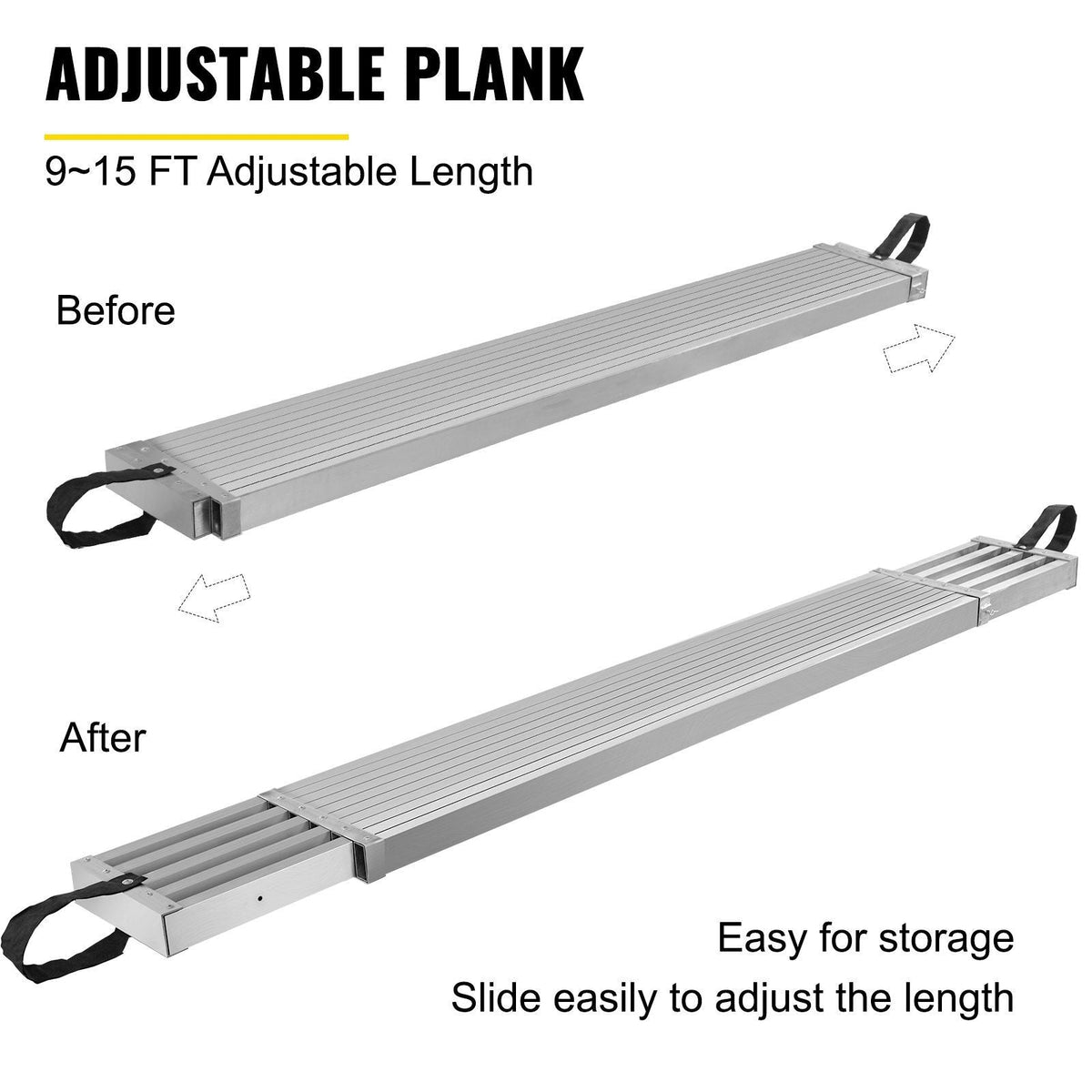Aluminum Work Plank, 9-15ft Telescoping Plank, 440lbs Capacity Aluminum Extension Plank, 12.5 inch Width, Aluminum Scaffolding Plank with Skid-Proof Platform Scaffold Ladder Accessory