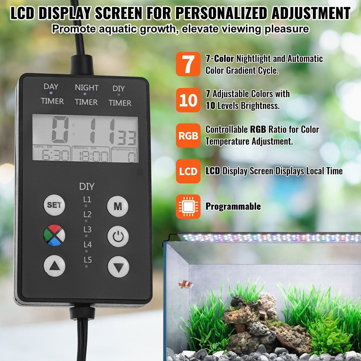 Aquarium Light with LCD Monitor, 22W Full Spectrum Fish Tank Light with 24/7 Natural Mode, Adjustable Brightness & Timer - Aluminum Alloy Shell Extendable Brackets for 24"-30" Freshwater Tank